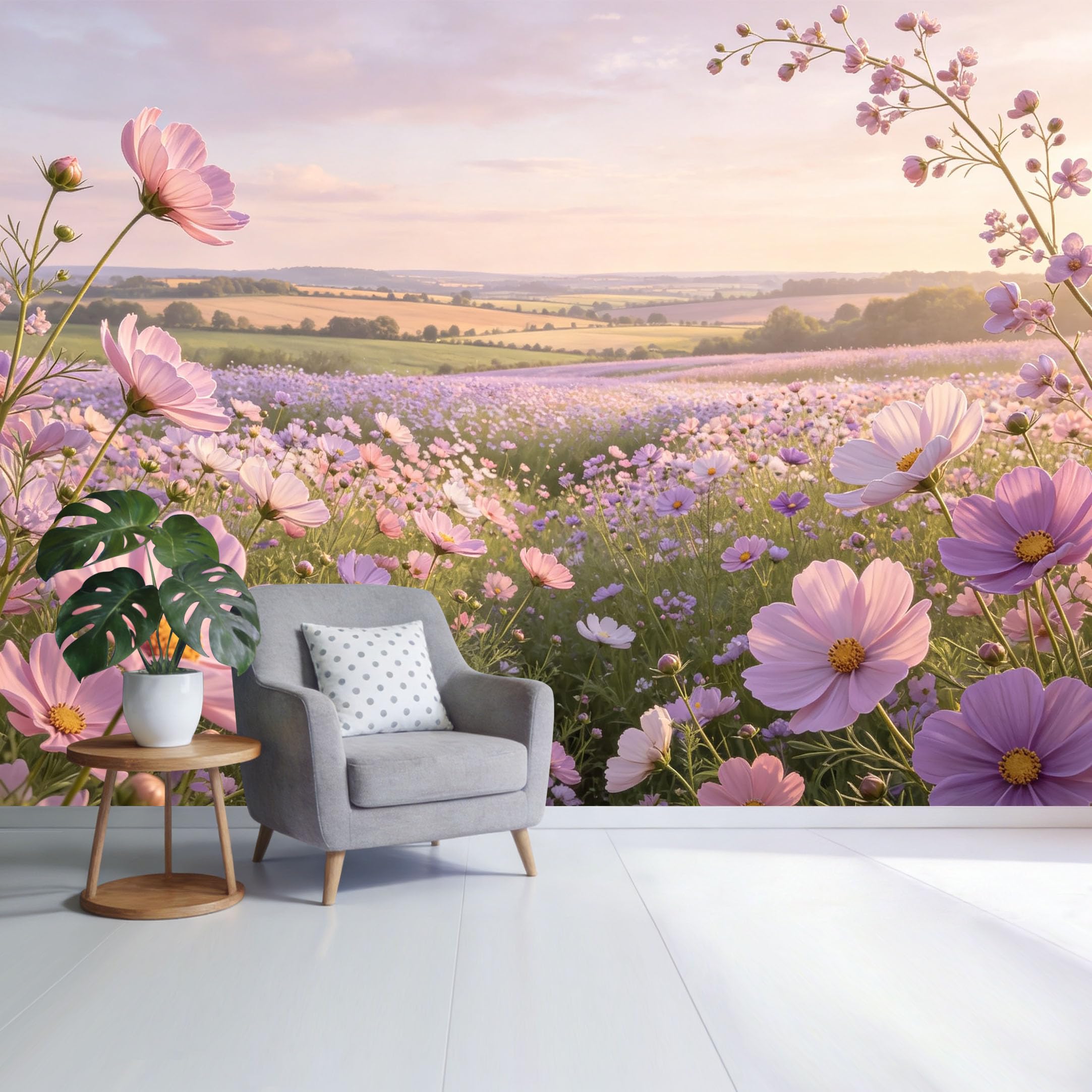 Custom Size Wall Mural Lavender Pink Flower Field Landscape Sunset Botanical SelfAdhesive Wall Fabric Removable Wallpaper for Home Office Decor