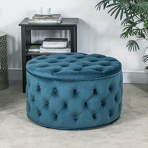 Miniatura 52 de Adeco Moderna silla otomana redonda de almacenamiento de 28 pulgadas, reposapiés otomano tapizado con botones con almacenamiento para sala de estar