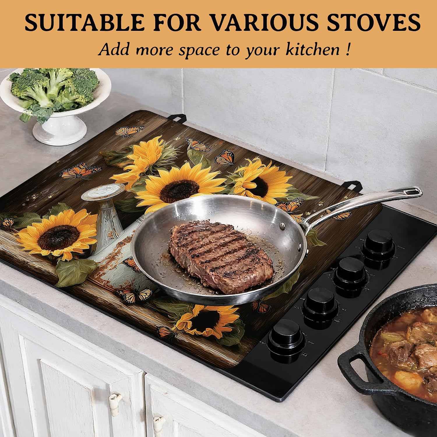 Anti-Slip Electric Stove Top Cover, 28"x20" Foldable Heat-Resistant Glass Stove Cover, Multi-Scenario Use Dish Drying Mat, Rusty Sunflower Butterfly