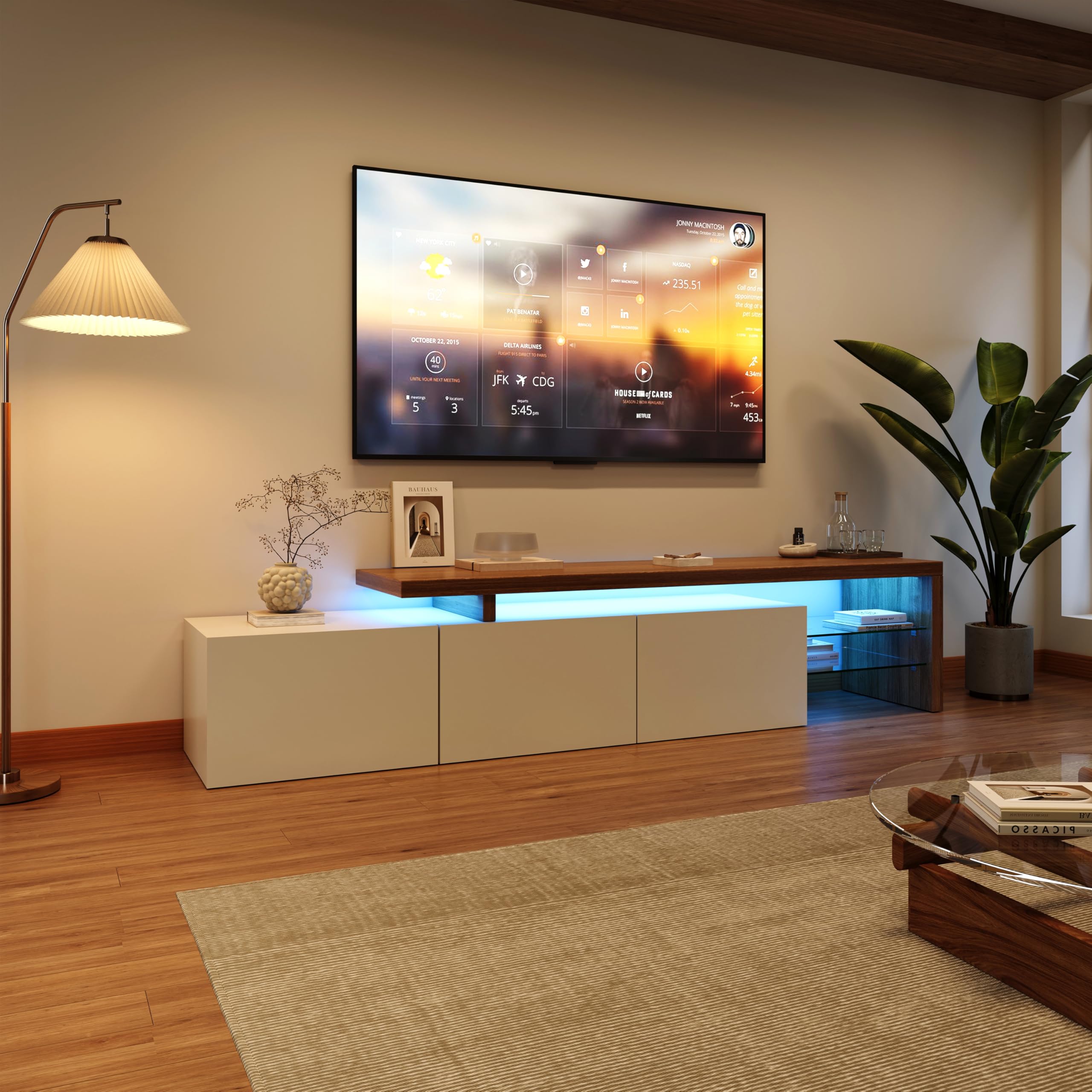 Meuble TV LED, Meuble TV Blanc et Bois, 200 cm Longueur, Meuble Tele Design avec Lumières LED, Rangement Pratique, Banc TV pour Salon ou Chambre, 200x39x42 cm (Blanc-WA01, 200x39x42 cm)