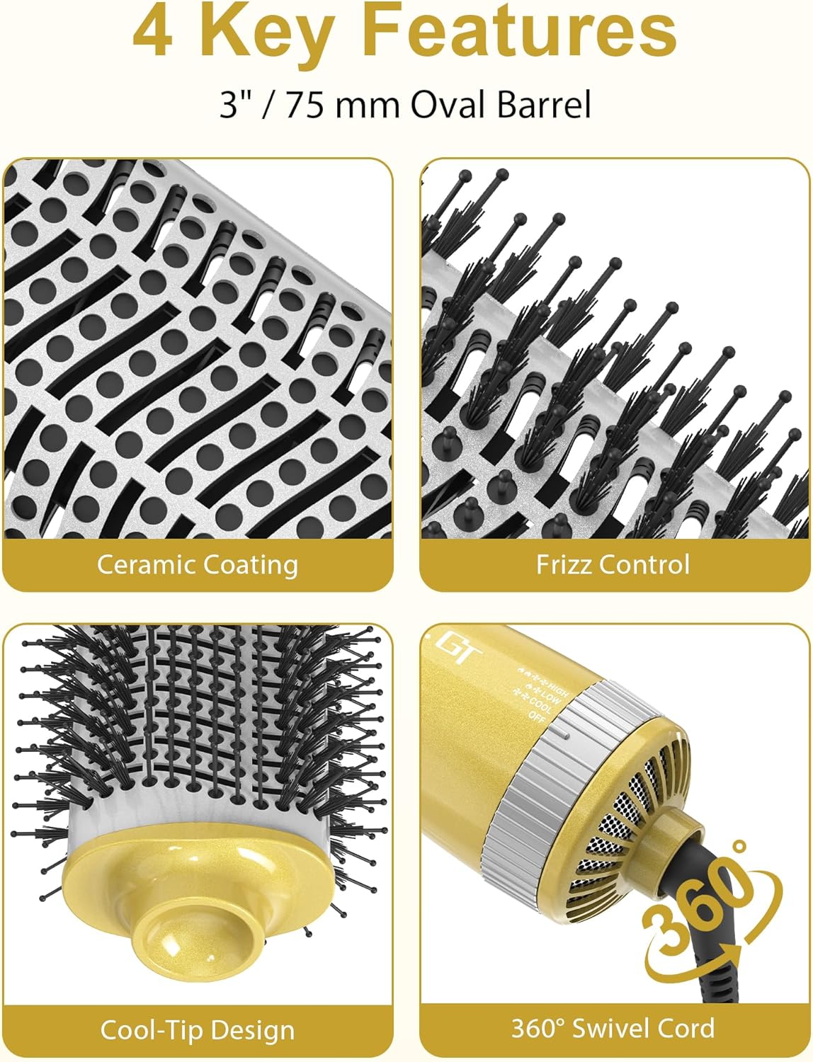 3 Inch Blow Dryer Brush, 4-in-1 One-Step Wet-to-Dry Hair Dryer Brush for Blowout, Smooth, Volumize & Straighten, Ceramic Coating for Thick Medium-to-Long Hair, Dual Voltage 120-240V