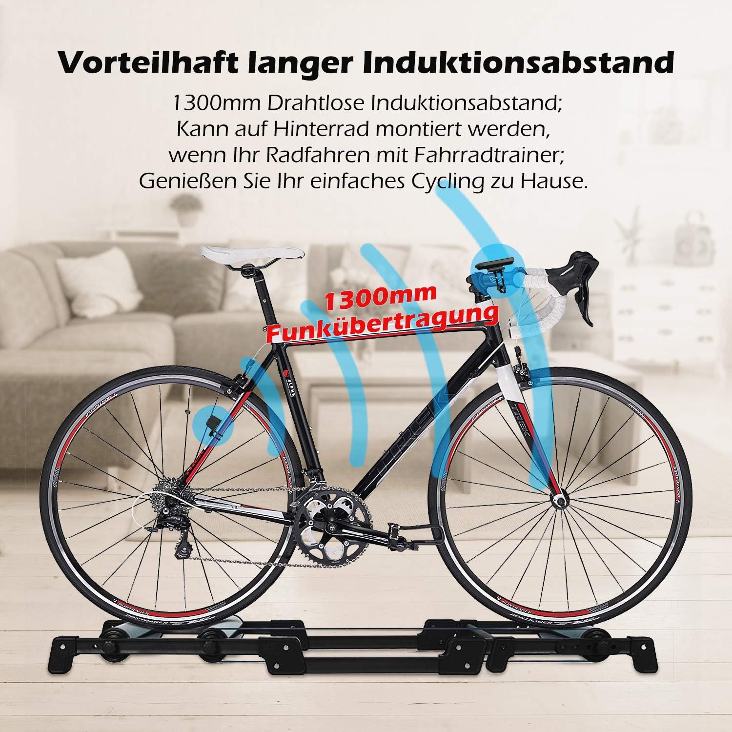 Diagram showing a bicycle on an indoor trainer with the PRUNUS bike computer sensor mounted on the rear wheel, illustrating a 1300mm wireless transmission range.