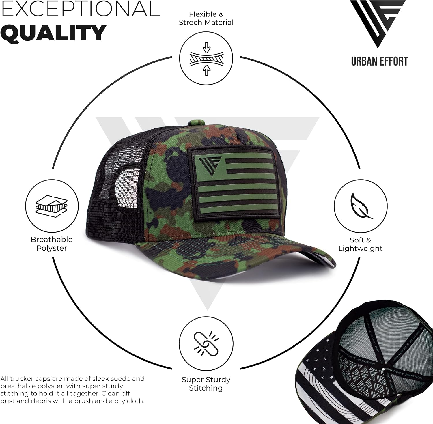 Urban Effort Snapback Trucker Hat | Breathable Mesh Baseball Cap for Men & Women Adjustable Fit American Flag Hat for Casual (Camo)