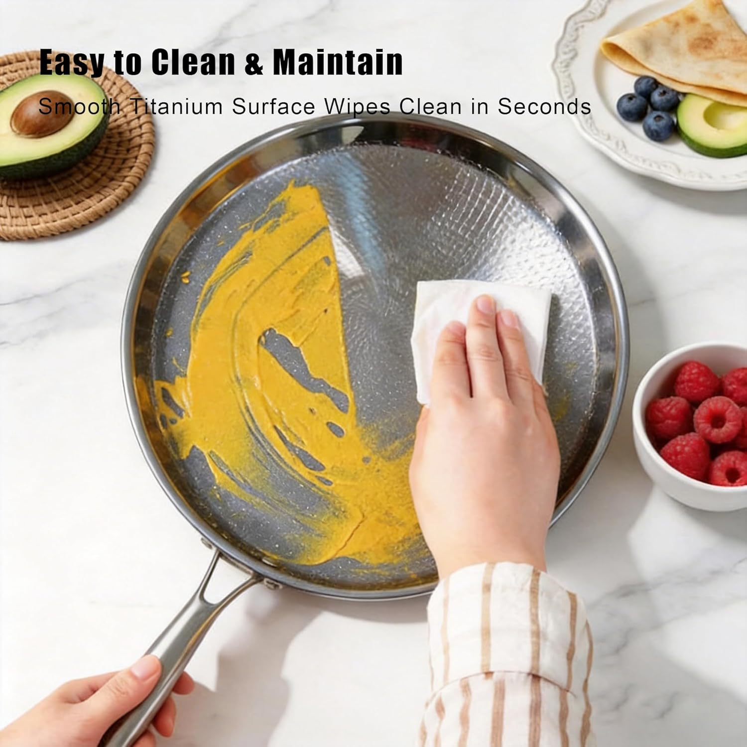 Titanium Crepe Pan with Stay-Cool Handle, Hammered Pancake Flat Skillet for 10 Inch Tortillas & dosas, Non-Stick Tawa Griddle Pizza Pan, Induction Compatible（12 Inch）