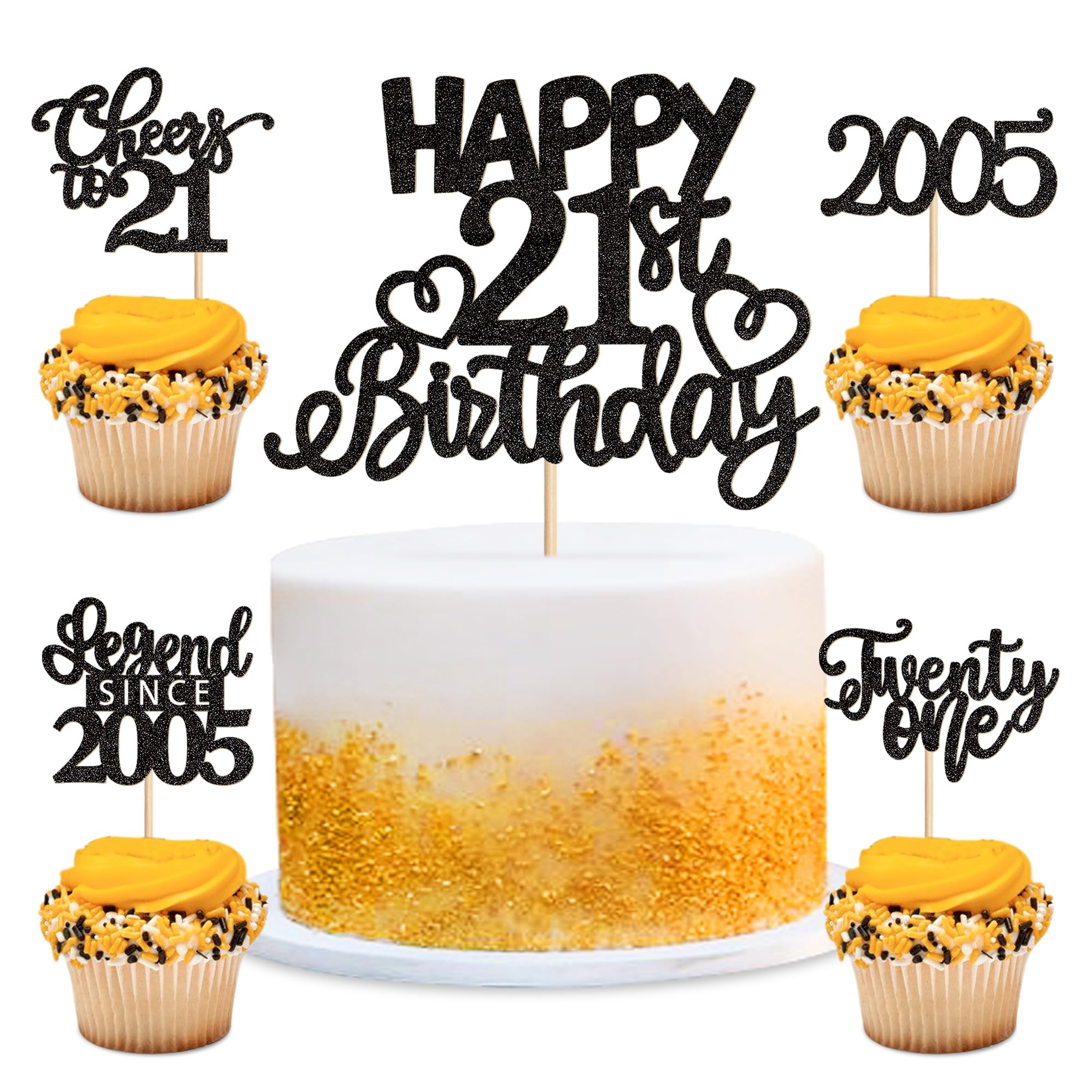 Blumomon 25PCS Black Happy 21st Birthday Cake Toppers Glitter Twenty One Happy 21st Straight Outta 2005 Cupcake Toppers for Cheers to 21 Years Birthday Anniversary Party Decorations Supplies