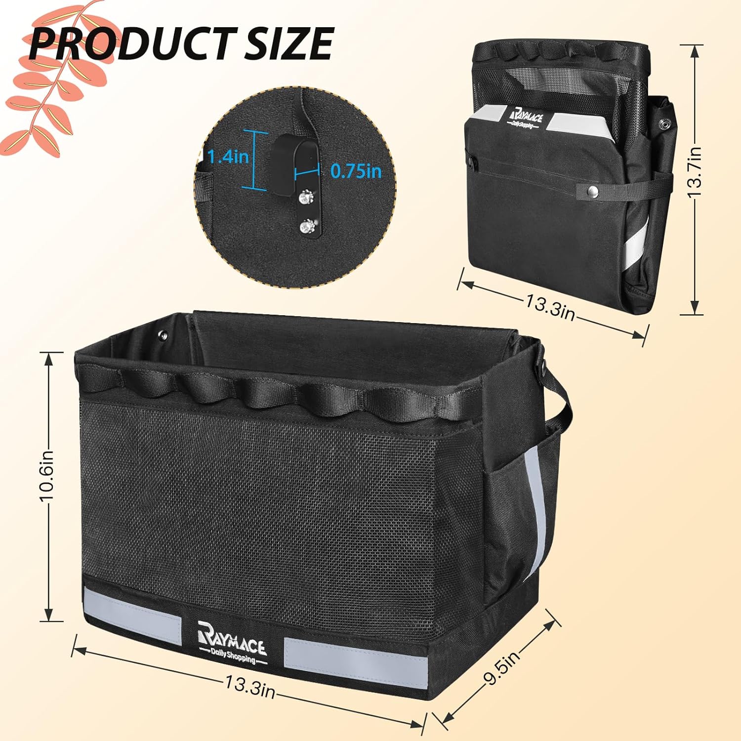 RAYMACE 2Pack Bike Grocery Panniers for Bicycles and Ebikes,Bike Rack Bags with Reflective Spots and Side Pockets,Folding Bike Basket Fits for Most Rear Racks (Black) - Image 5