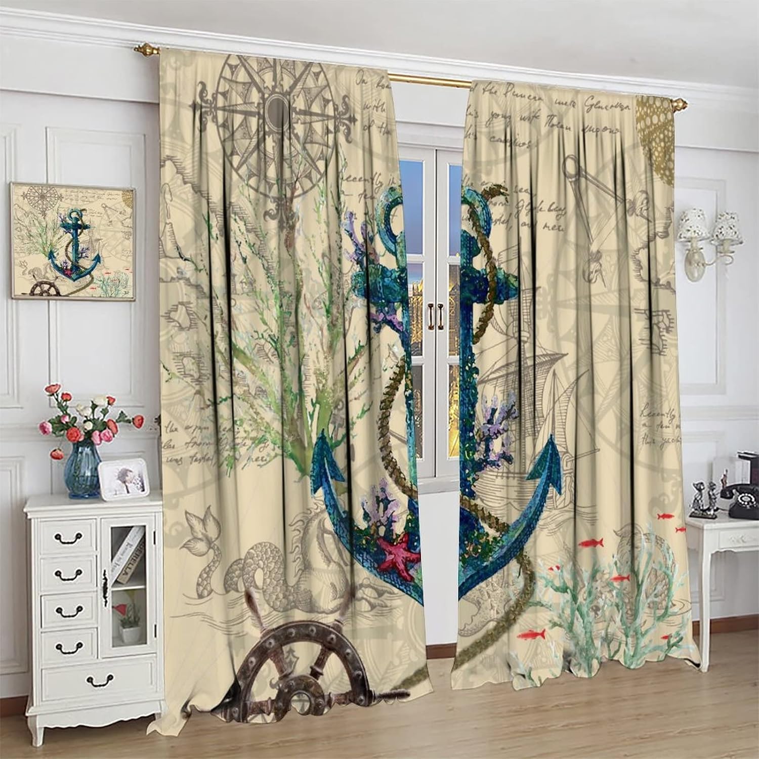 Nautical Ocean Anchor Blackout Curtains for Bedroom,Retro Wooden Rustic Underwater World Compass Anchor Window Curtains Rod Pocket 2 Panels 63L x 27.5W
