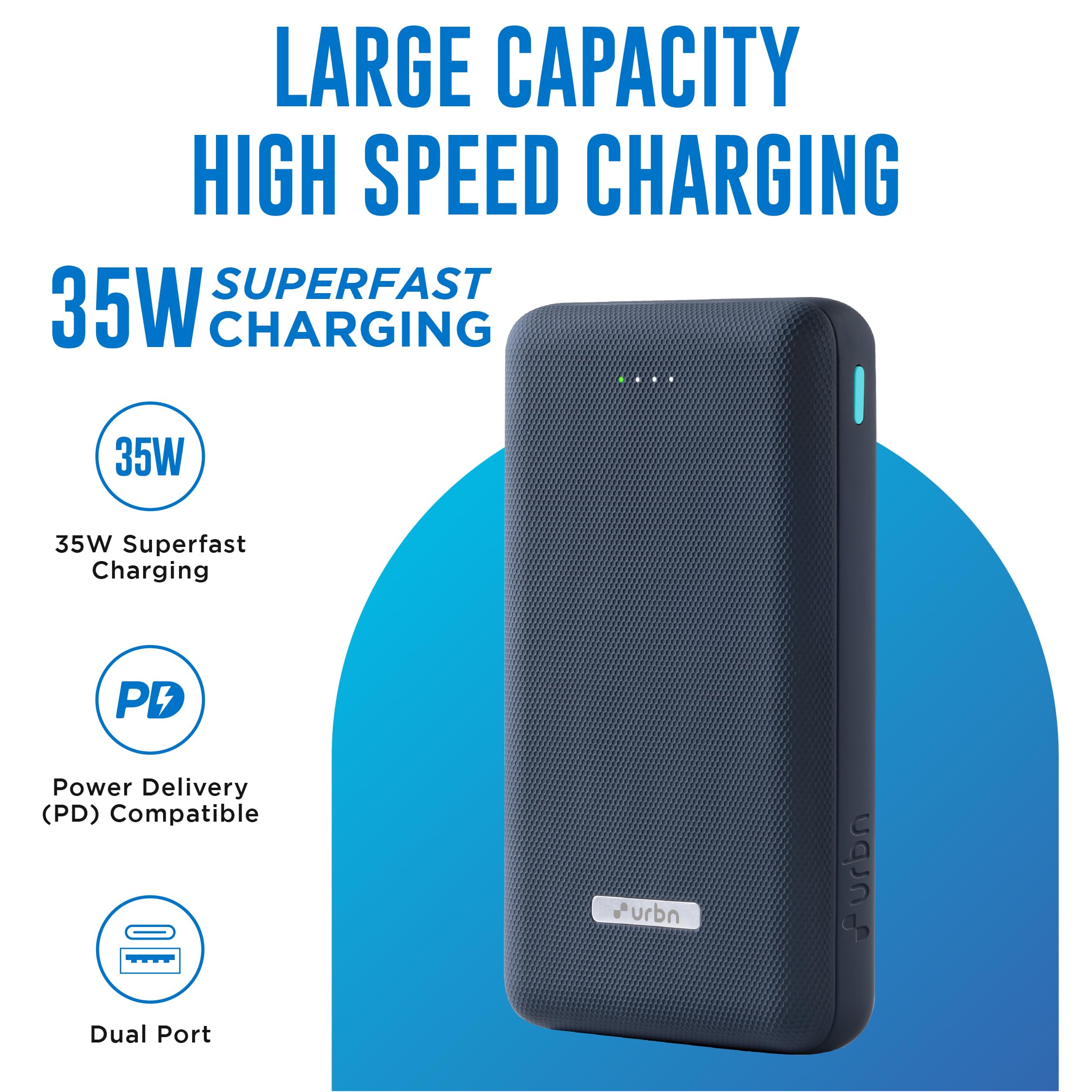 URBN 20000mAh 35W Turbo Fast Charging Power Bank | Dual Output | PD + QC Compatible | Two-Way Fast Charge | Pass-Through Charging | for MacBook Air, iPhone, Samsung, Android & More (Blue) — Amazon image 2