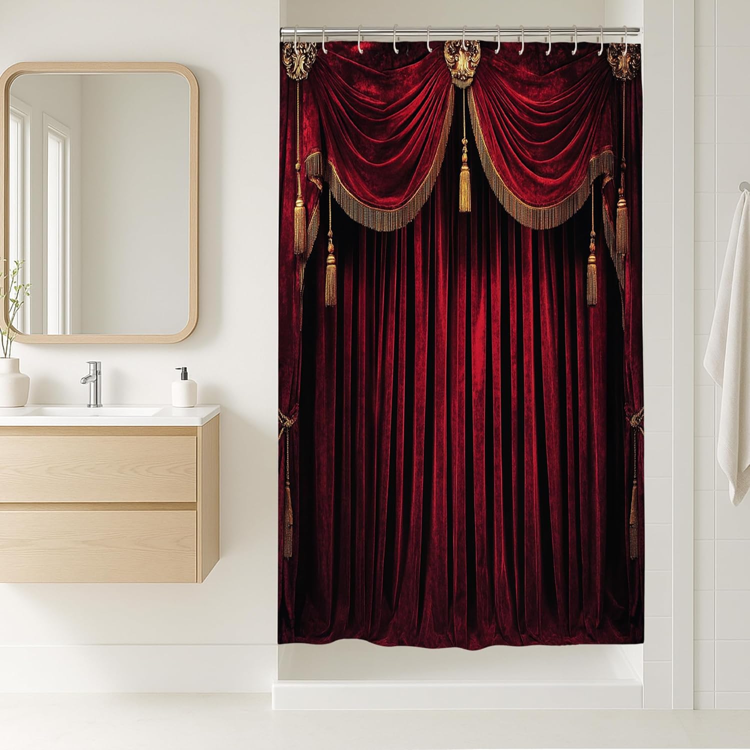 Luxurious Red Shower Curtain, Elegant Theater Stage Design Bathroom Décor, Romantic Winter Holiday Modern Vintage Waterproof Fabric with Hooks 108x72 Inch