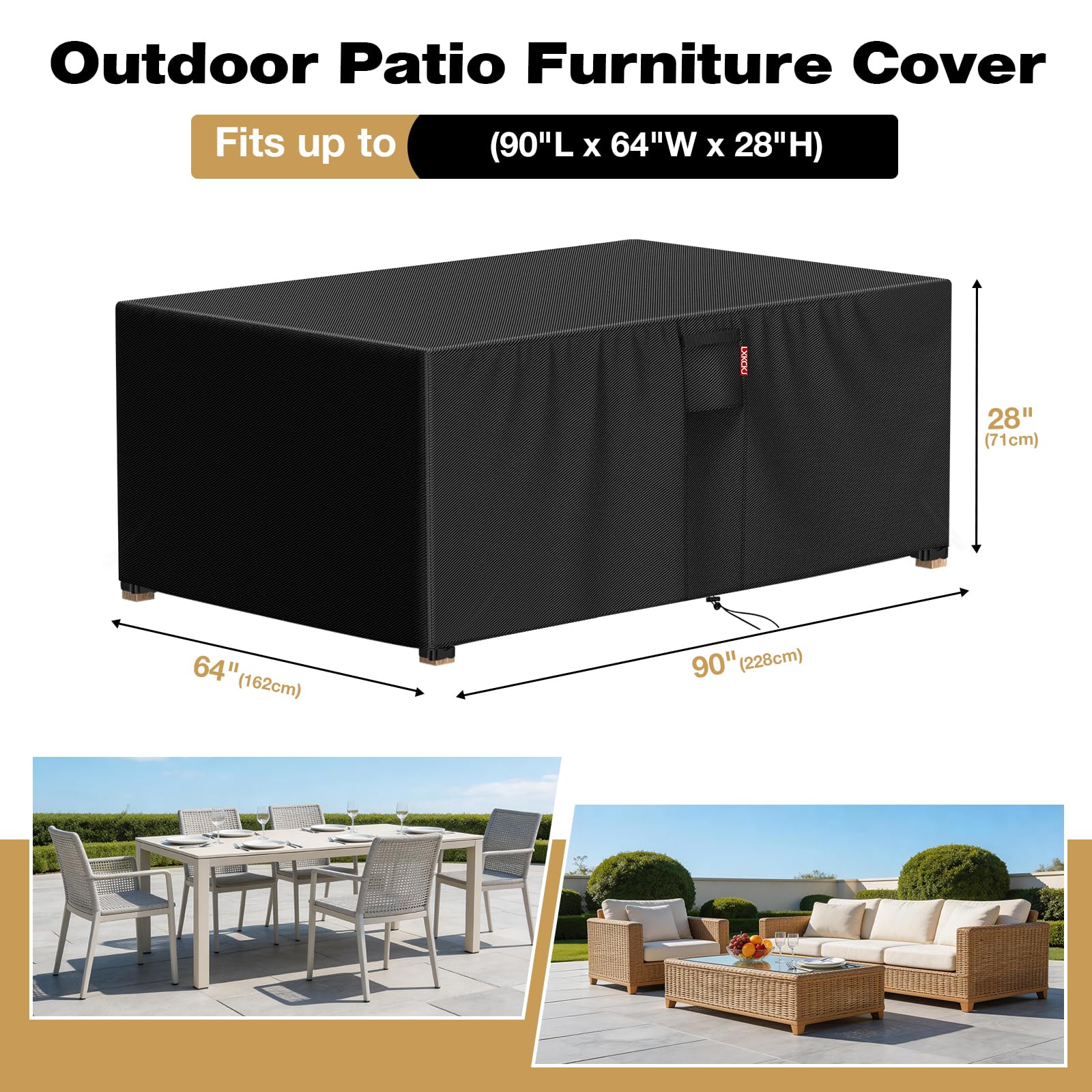 LXKCKJ Waterproof Outdoor Patio Furniture Cover UV and Dustproof Sofa Cover with Vents, Handles and Buckles (Black, 90"L x 64"W x 28"H) - 2