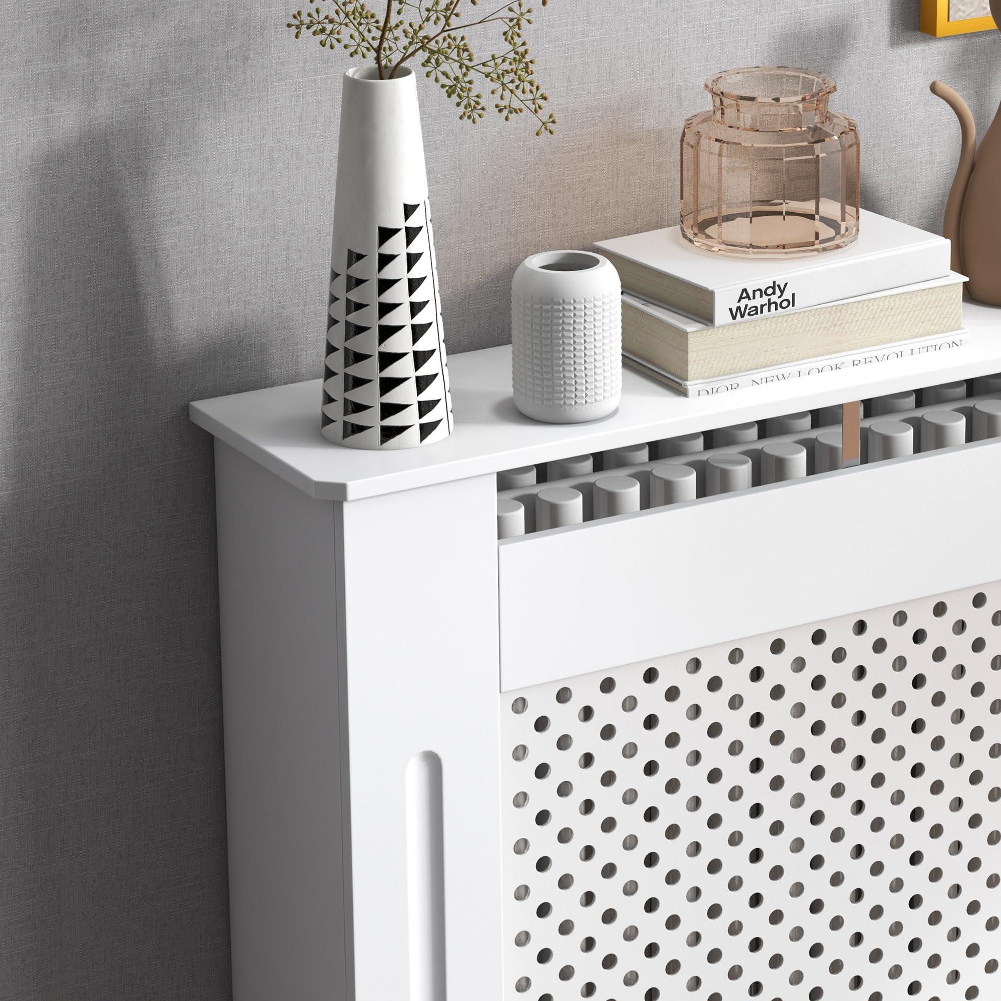 HOMCOM Cubre Radiadores, 78x19x82 cm, Cubierta para Radiador Moderna de MDF, con Estante Superior y Listones, para Salón, Dormitorio, Pasillo, Blanco