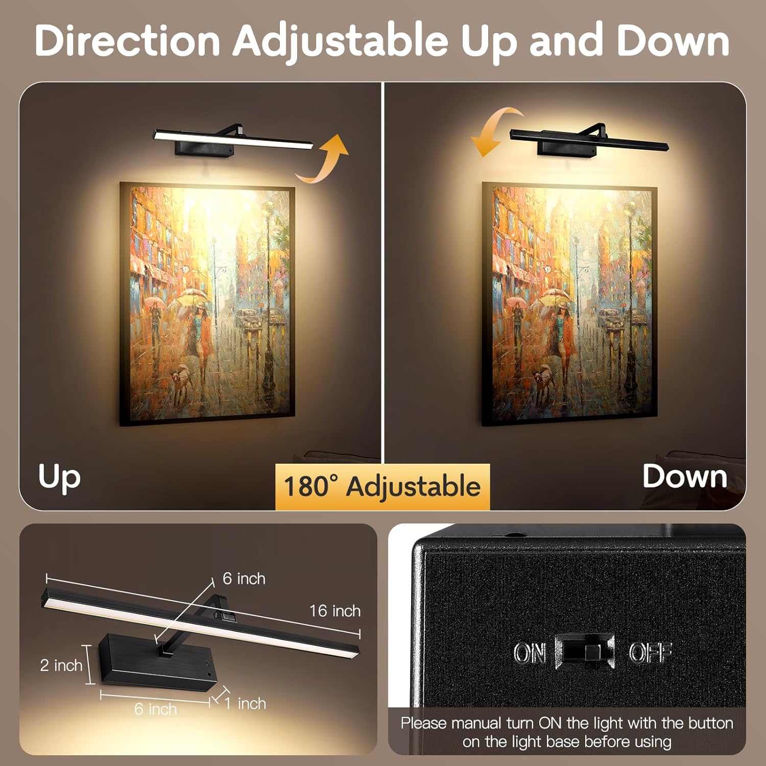 Picture Light for Wall 5200mAh Rechargeable and Battery Operated 2in1,Painting Lights for Art Display Gallery,Rotatable Dimmable Timer/Lighting up Pictures Poster Frame Dartboard in Room Hallway