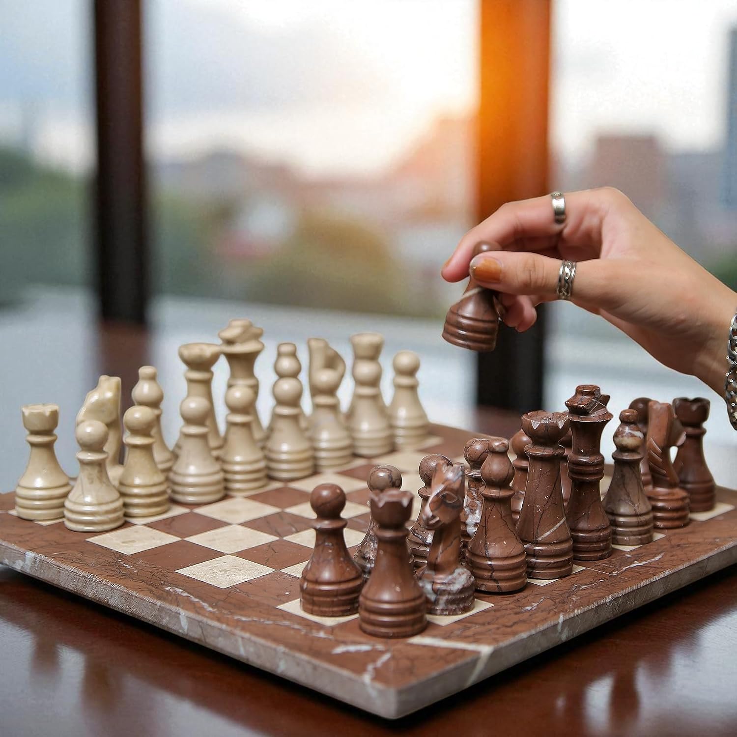 Handmade Staunton Marina and White Marble Chess Board Game Set - Best Board Games for Home Décor Gifts - Suitable for Table Décor 12" 15" Inch (12 x 12, Marina and Beige)