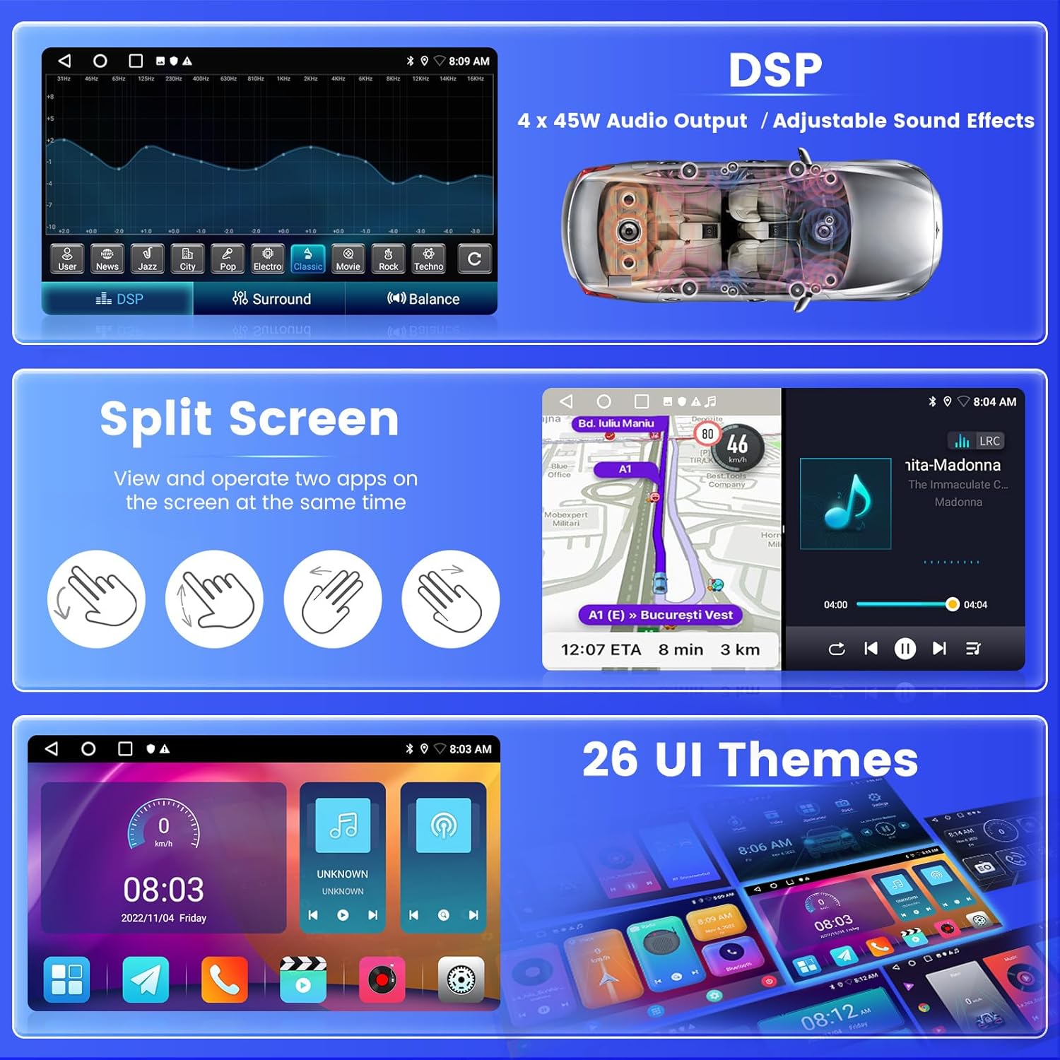 Top panel shows the car radio display with DSP audio settings and an illustration of sound output in a car. Middle panel shows split-screen functionality with navigation and music. Bottom panel shows various user interface themes.