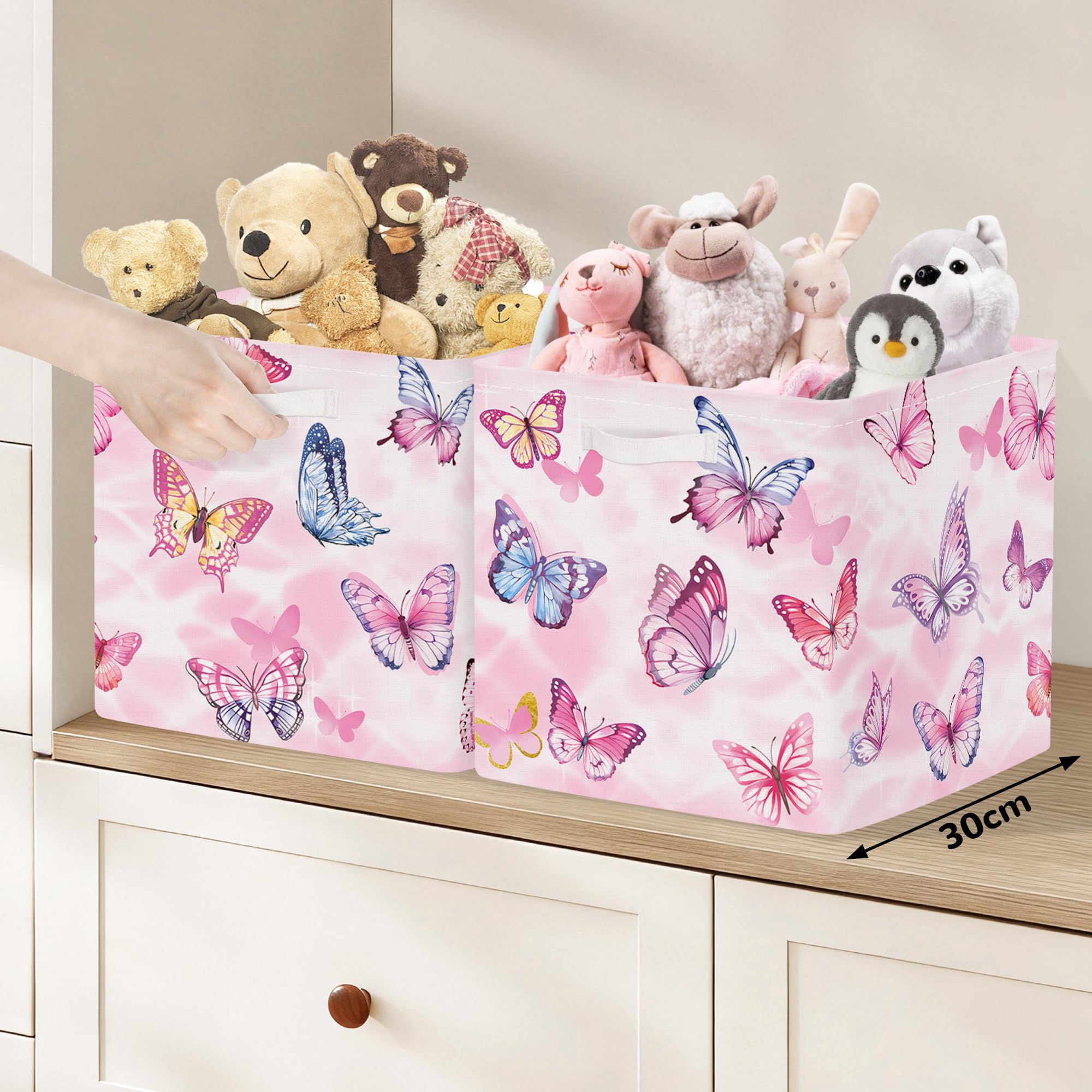 Clastyle Lot de 3 Boite Rangement Tissu Enfant Papillon Cube de Rangement Pliable Filles Panier Kallax pour Salle de Bain,Rose,30x30x30 cm