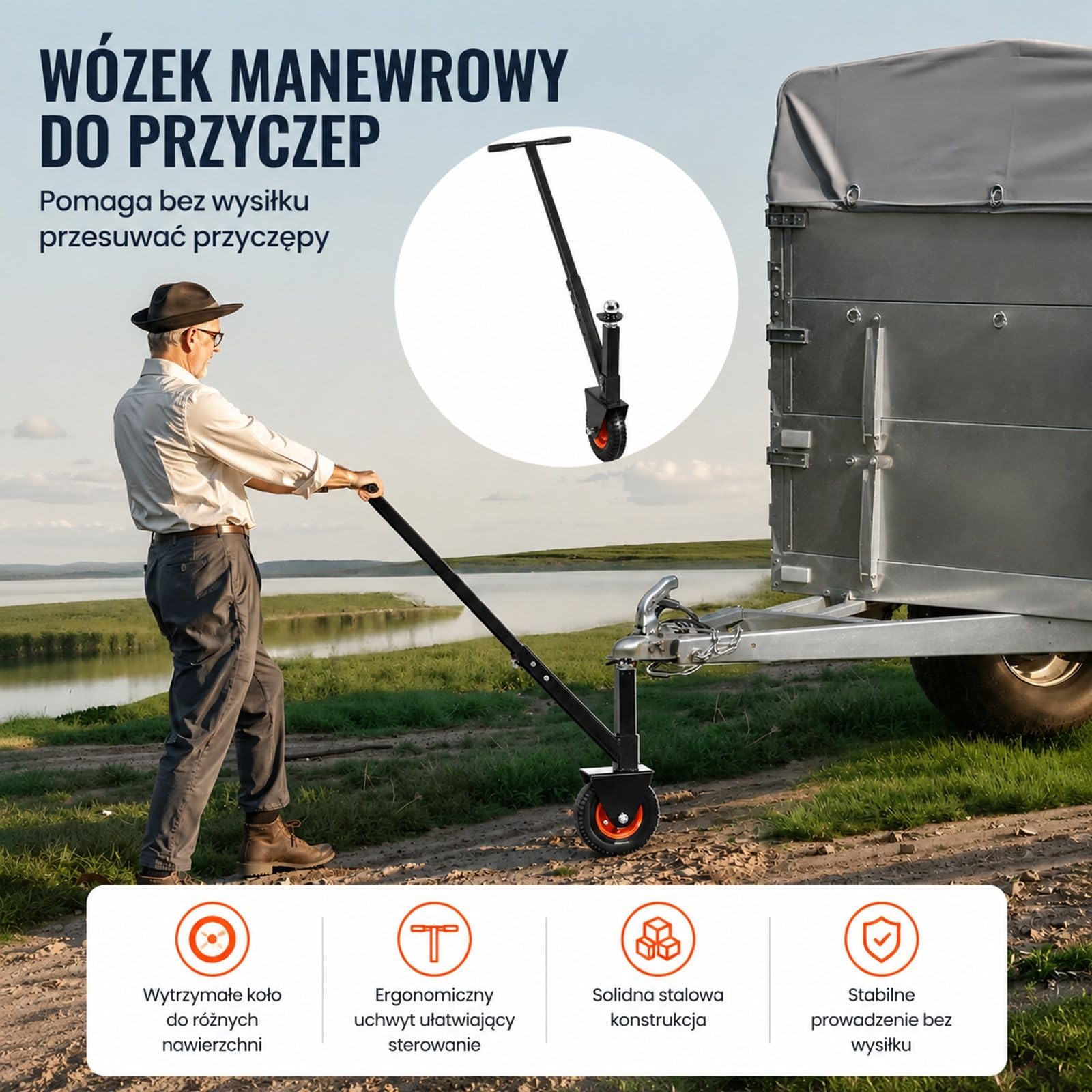 Wózek manewrowy do przyczepy z uchwytem i kulą holowniczą, ręczna pomoc do ustawiania przyczep kempingowych, łodzi oraz małych lawet