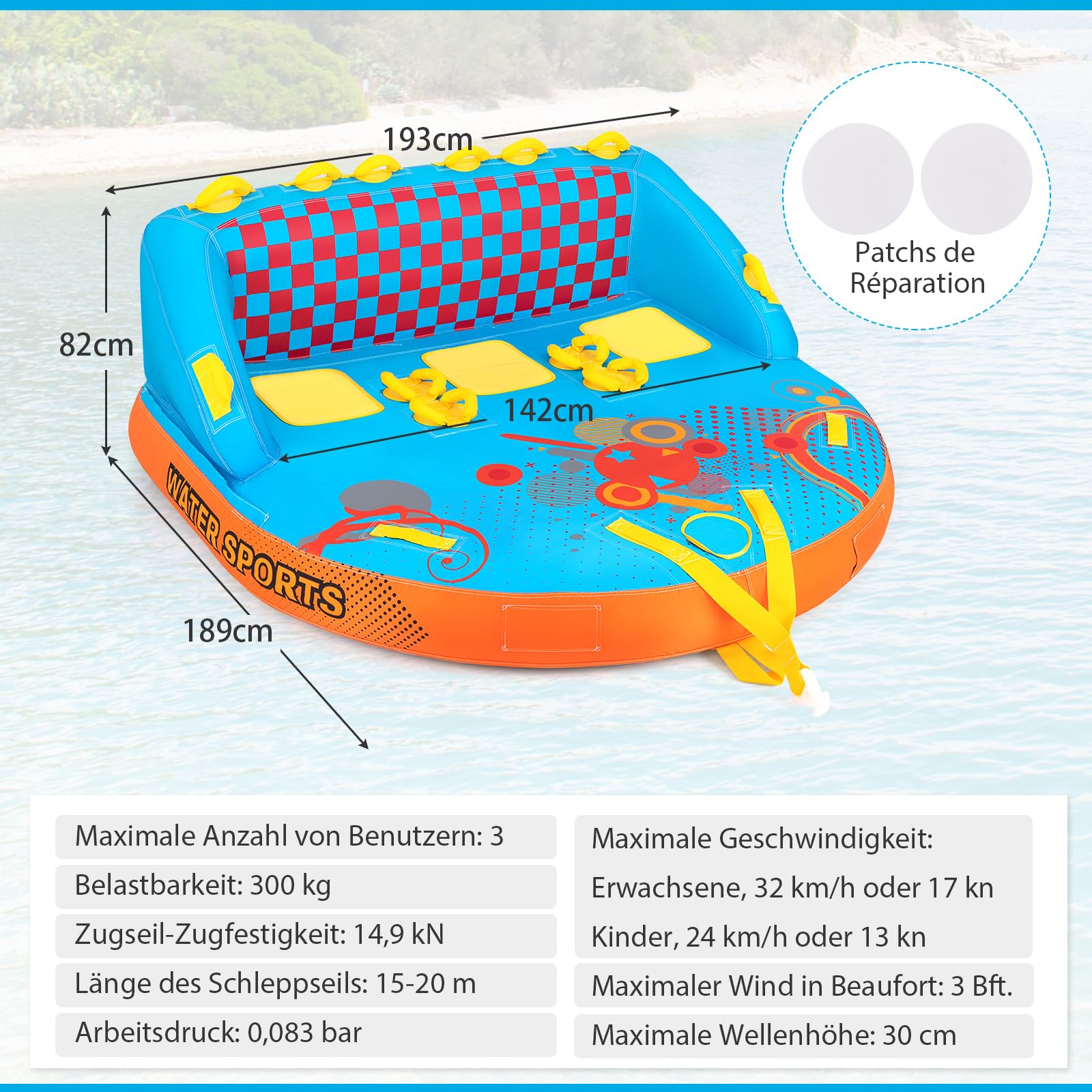 COSTWAY Funtube für 3 Personen, Towable Tube zum Sitzen & Knien, Formula Tube für Boot