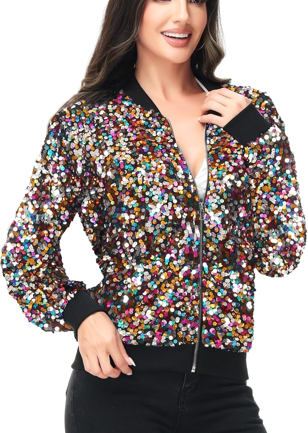 Anna-Kaci Womens Sequin Jacket Bomber Coat 1989 Slitter Outfit For Concert Party