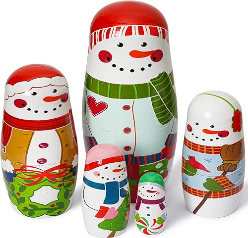SWANGSA 5 muñecas rusas de Navidad de anidación, bonitos muñecos de nieve de madera hechos a mano Matryoshka juguetes apilables para niños,