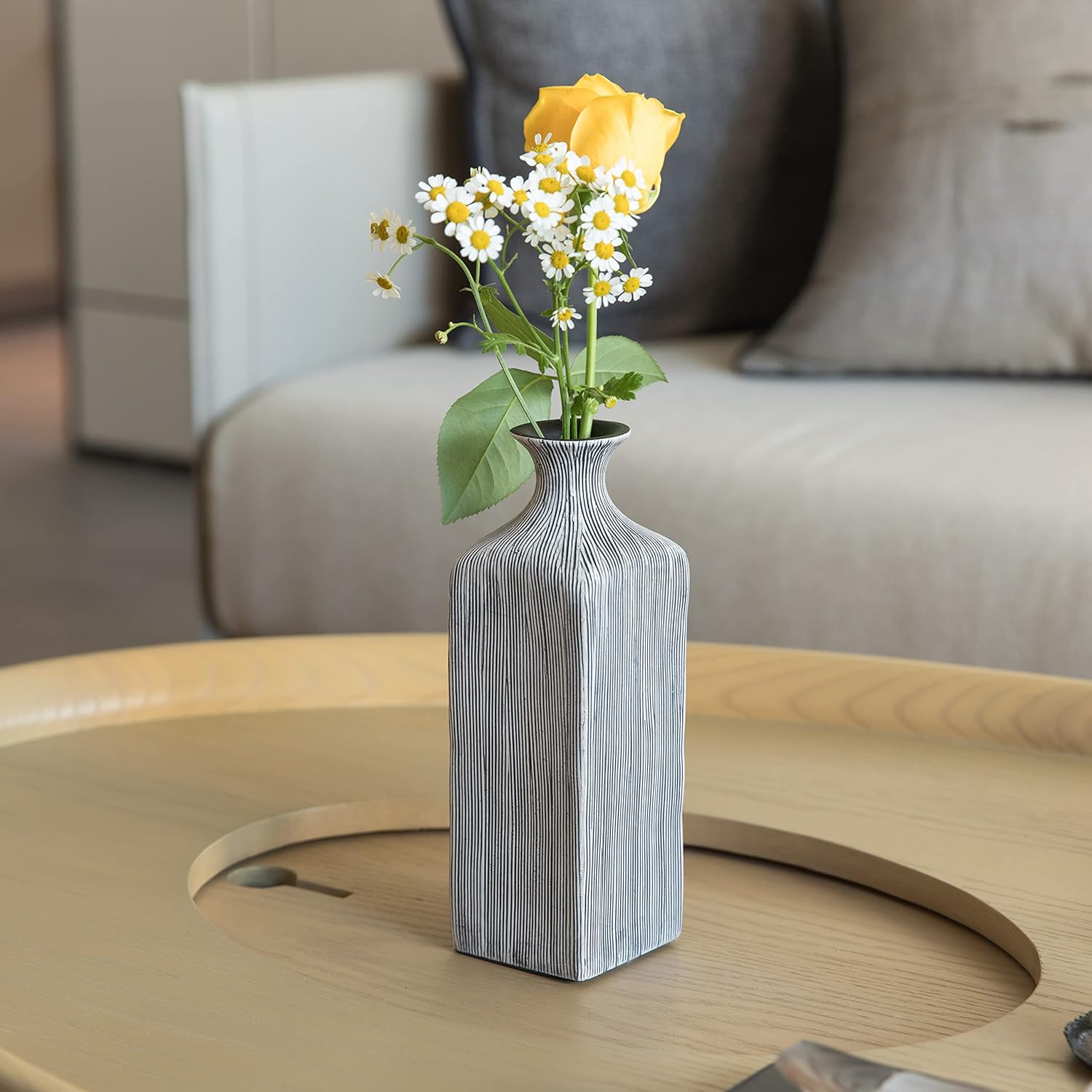 8 inch Tall Grey Striped Square Table Centerpiece Flower Vase Display Modern Home Decor Accent Stylish Elegant Ornamental Accessory Floral Arrangement Holder Living Room Dining Room Kitchen Decoration