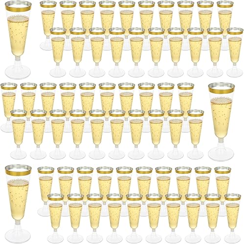 Miniatura 8 de Paquete de 100 copas de champán de plástico, copas de champán desechables de 5 onzas, copas de champán con borde de oro rosa, copas de copa de