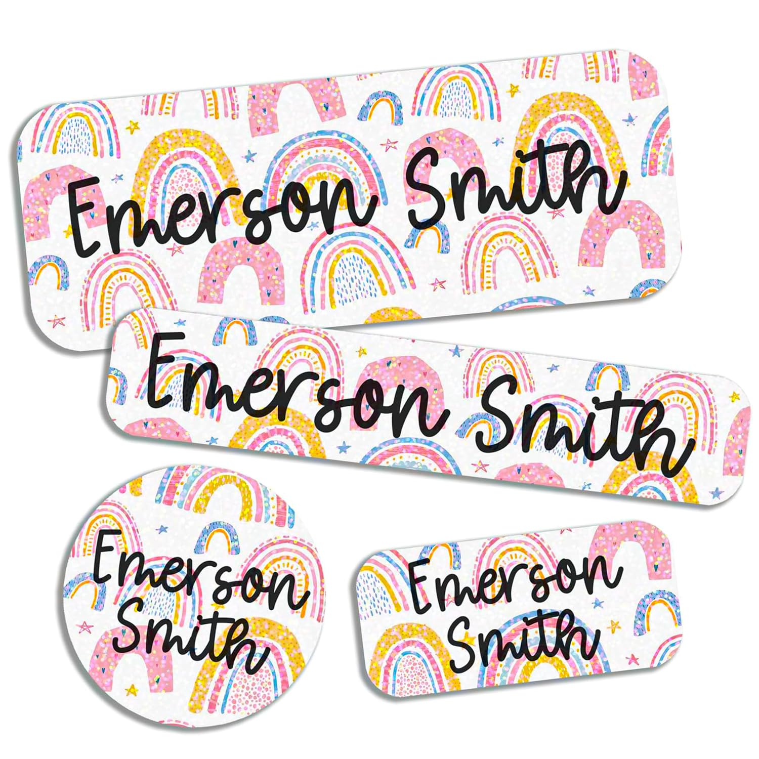 COACO Personalized Kids Name Labels, Holographic, Waterproof, 90 Labels (Pastel Rainbow)