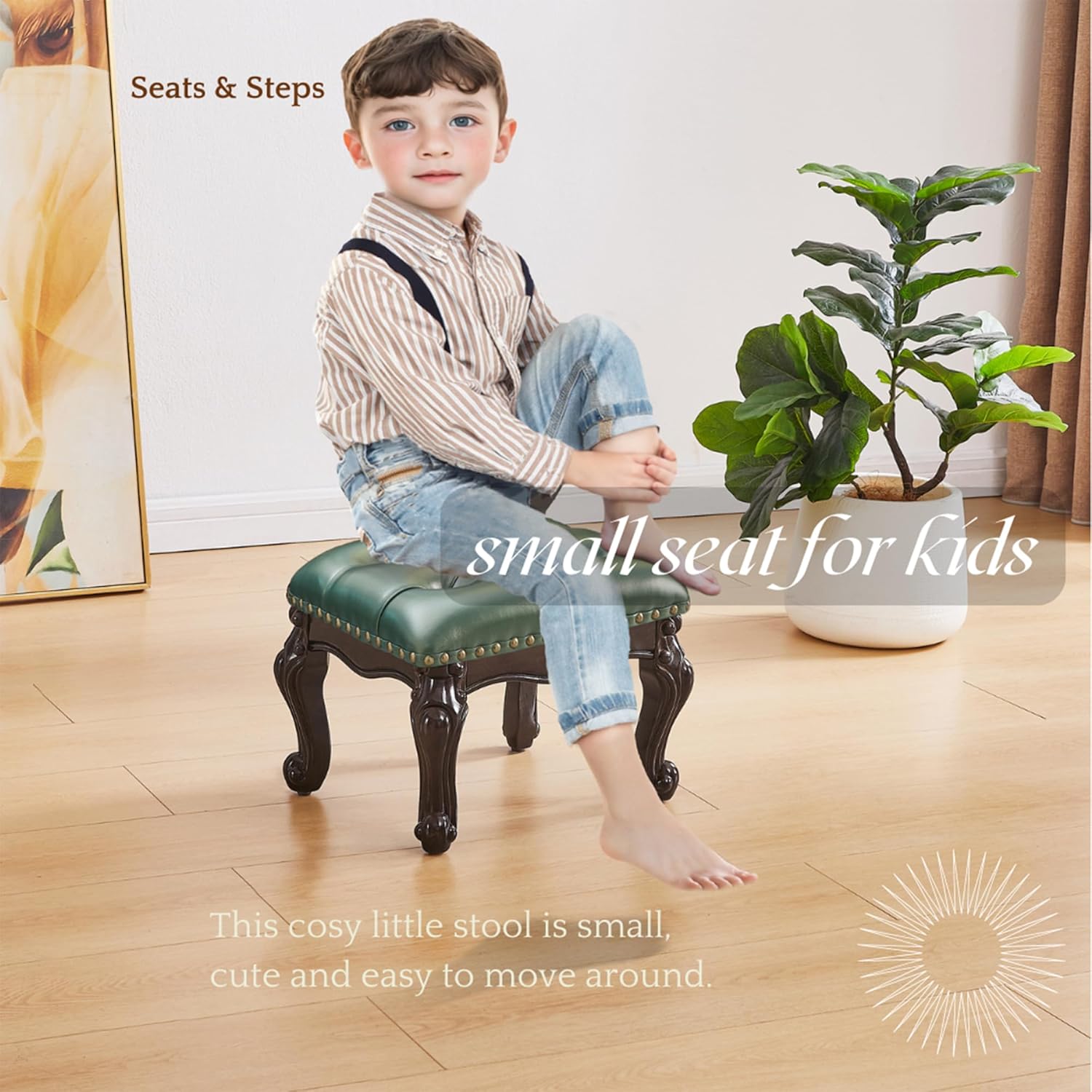 Foot Stools Ottoman, Small Vintage Leather Footstool for Living Room, Solid Wooden Ottoman Foot Rest,Shoe Change Bench at The Entrance (Dark Green)