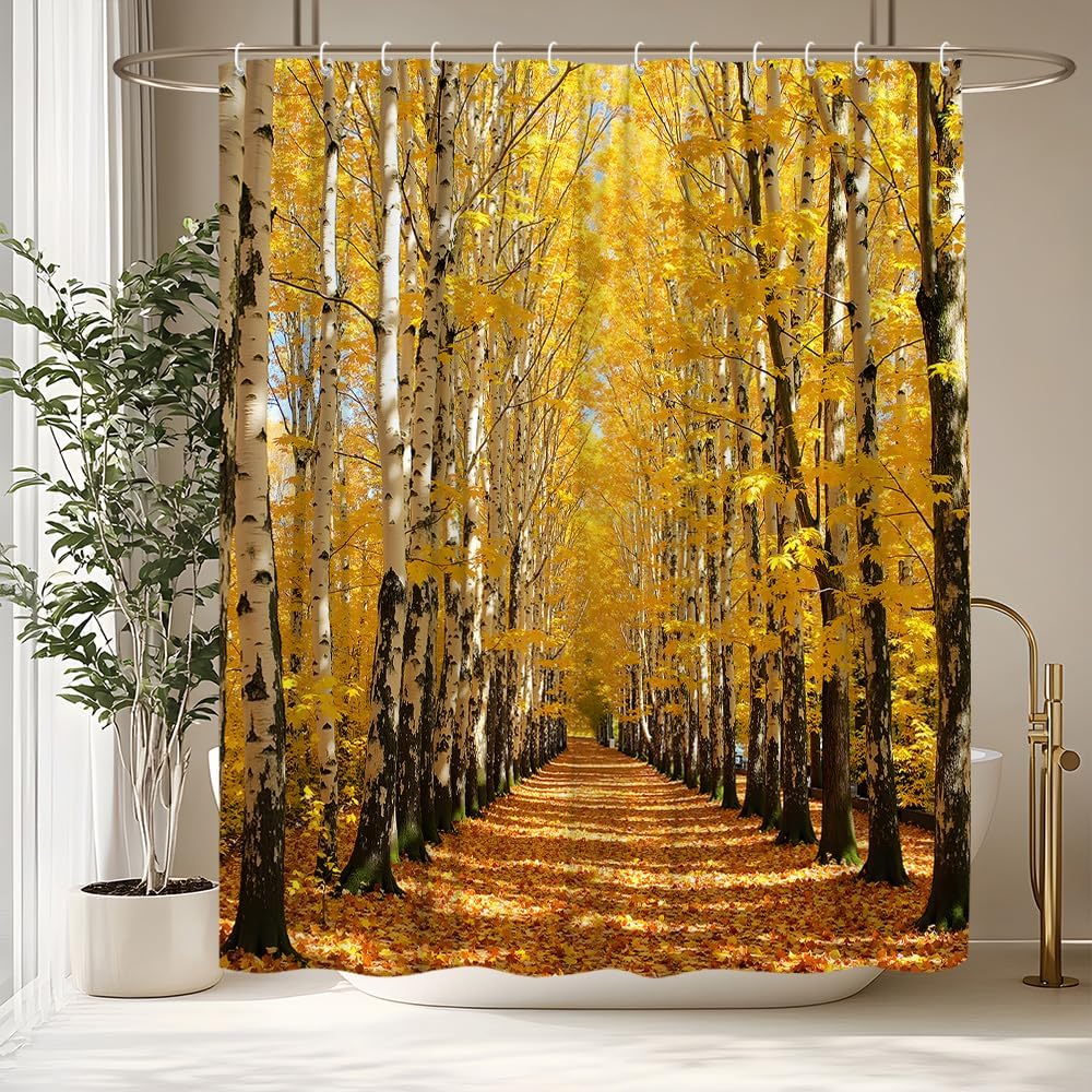 Fall Forest Shower Curtain Autumn Orange Yellow Maple Leaves Wild Tree Nature Landscape Farm Seasonal Farmhouse Outdoor Nature Scene Rustic Country Enchanted Decorative Curtain Polyester Fabric