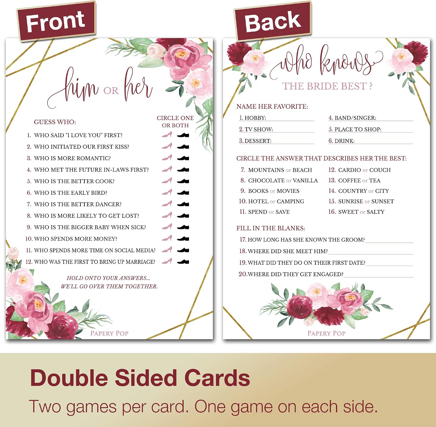 Papery Pop Bridal Shower Games - Set of 4 Games for 30 Guests - Double Sided Cards - Wedding Shower Games - Rose Gold