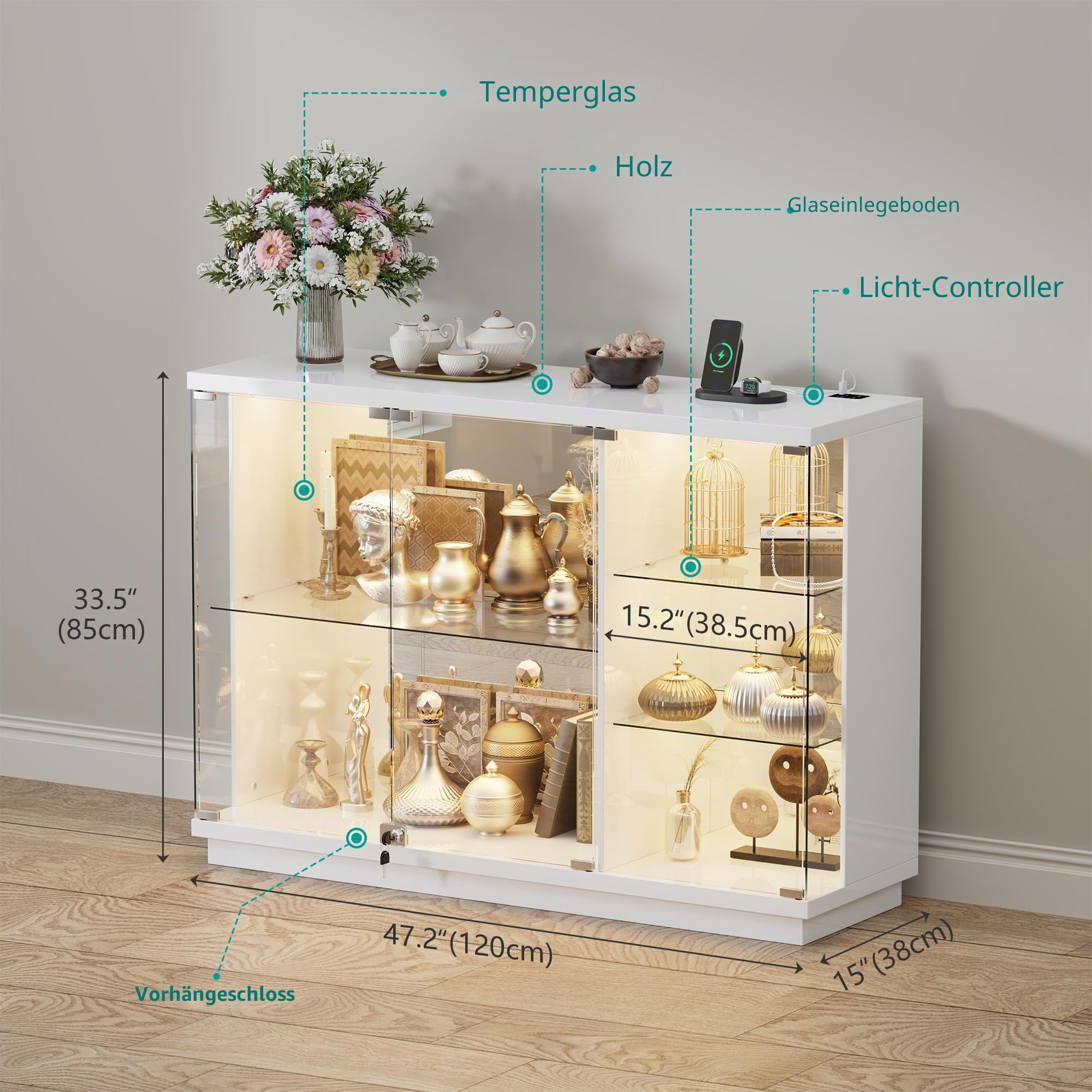120 CM RGB Glasvitrine Stehend mit Ladestation und Bewegungssensor,Weiß