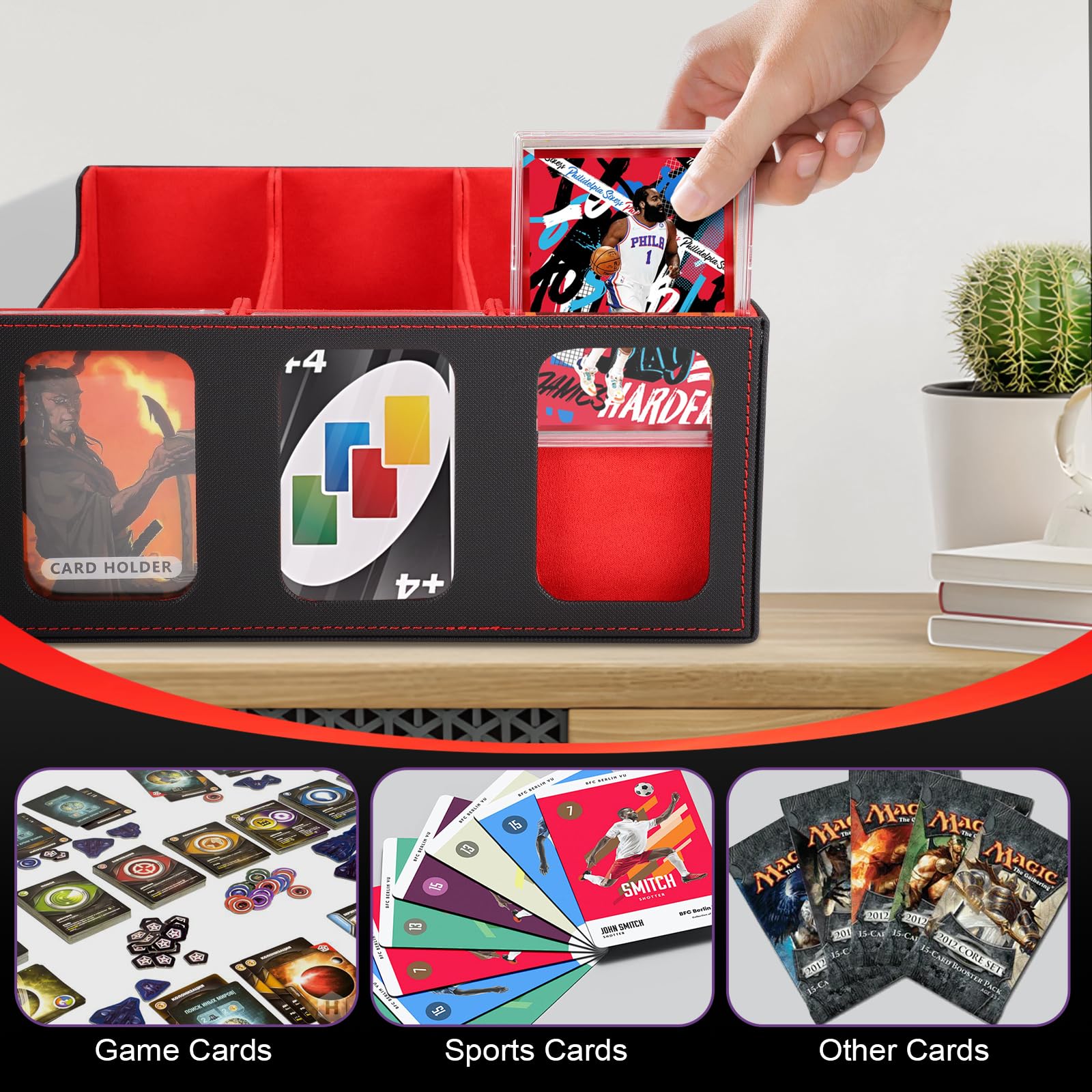 Mage Tech Commander Deck Box per MTG - Design Brevettato, Vetrina Commander, Adatta a 100 Carte Double-Sleeve, Porta Carte Magnetico da 35pt & Vassoio per Dadi - Nero/Rosso