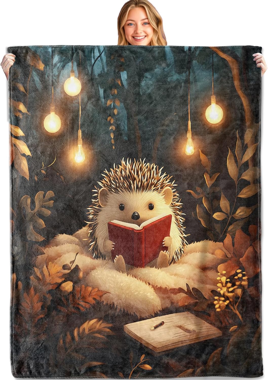 Hedgehog Reading Book Throw Blanket,50x60in,Soft,Lightweight Flannel,Woodland Forest Blankets - Gifts for Kids Boys Girls & Animal Lovers,for Couch Office Travel,Home Living Room Decor
