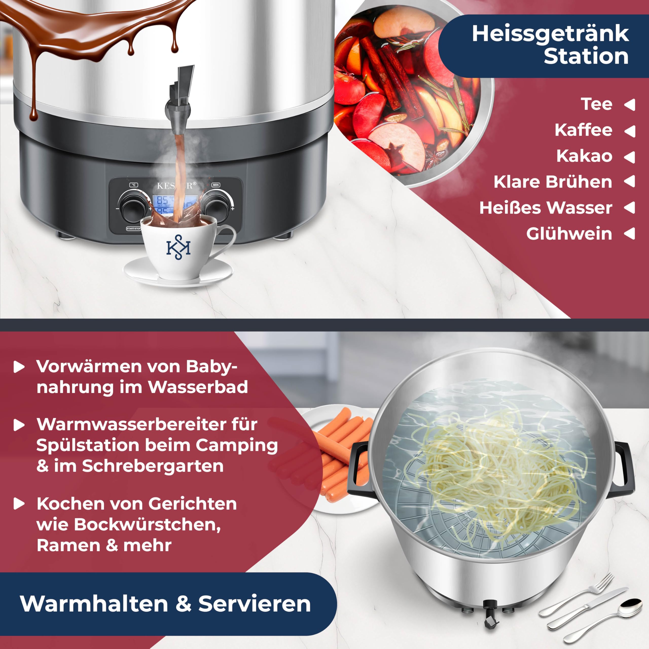 KESSER Einkochautomat 27 Liter Glühweinkocher Glühweinkessel mit Timer 2000 Watt Temperatur von 30-100°C Zeituhr bis 120 Minuten und Dauerbetrieb Abschaltautomatik Einkochvollautomat 2 Gläser & Zange