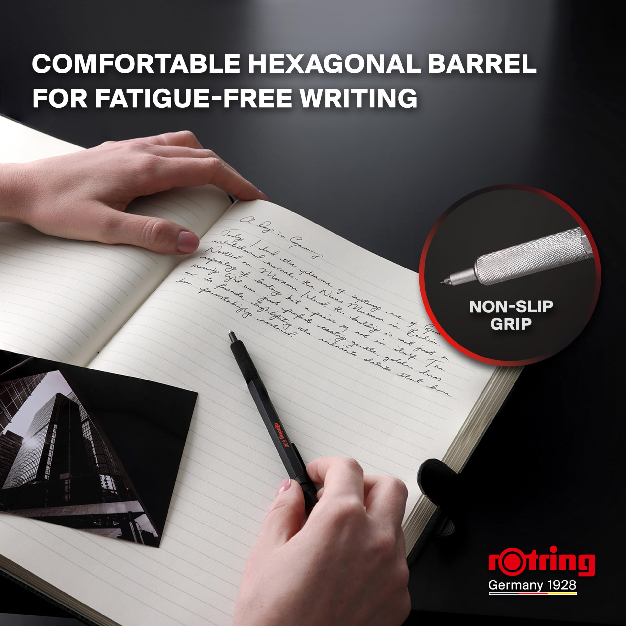 rOtring 600 Gelschreiber & Samtetui, 0,55 mm, schwarze Tinte, schwarzer Metallkörper, rutschfester gerändelter Griff und sechseckiger Schaft, nachfüllbar