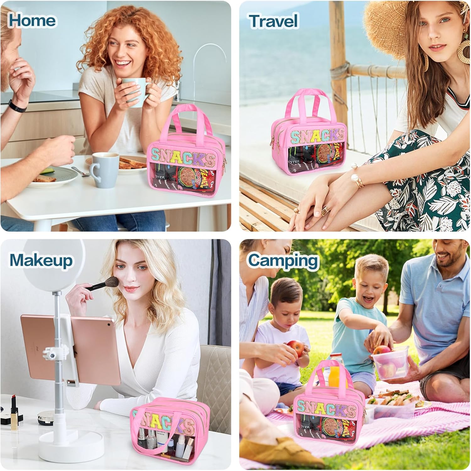 Chenille Letter Clear Large Makeup Bag, Preppy Cosmetic Bag with Zipper, Stuff Bag Waterproof Travel Toiletry Bag Cosmetic Pouch for Women Girls (Pink-SNACKS) - Image 7