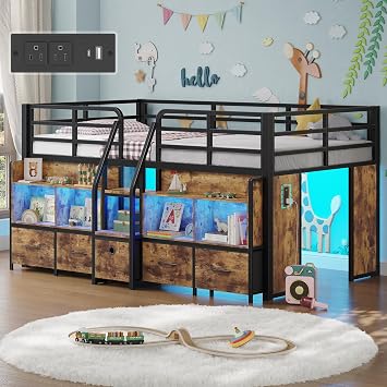 BYSAUD Twin Low Loft Bed with 5 Storage Drawers and 6 Bookcase, Brown | Metal Loft Bed with LED Lights & Charging Station, Loft Bed Twin Size with 15" Safety Guardrail & Ladder,Under-Bed Hideaway