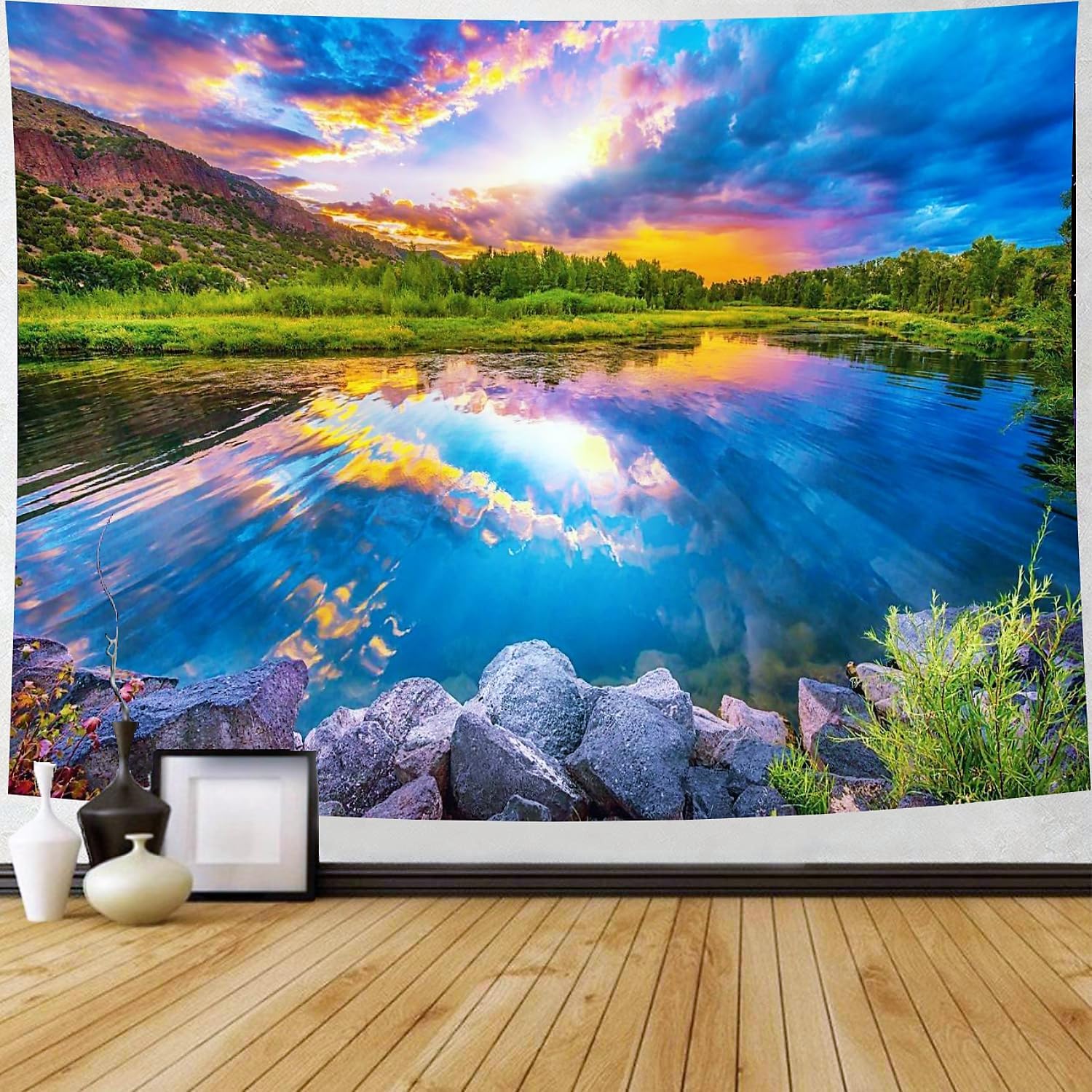 Delur Sunset Lake Tapestry Forest Nature Landscape Tapestry