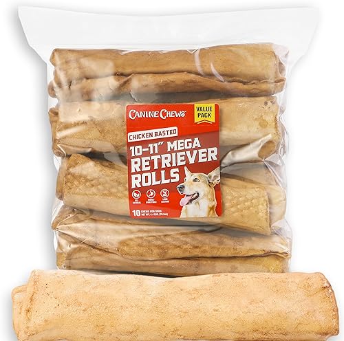 Canine Chews Rollos MEGA Retriever de 10 a 11 pulgadas (10 unidades) de cuero crudo natural para perros grandes, golosinas masticables de larga