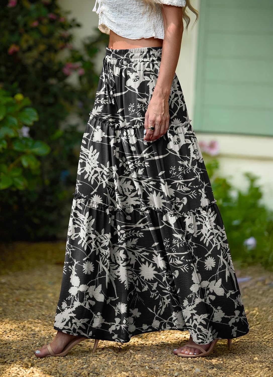 Lepunuo Womens Casual Boho High Waisted Flowy Maxi Skirts Tiered Floral Long Skirts with Pockets for Summer Beach Vacation - Image 2