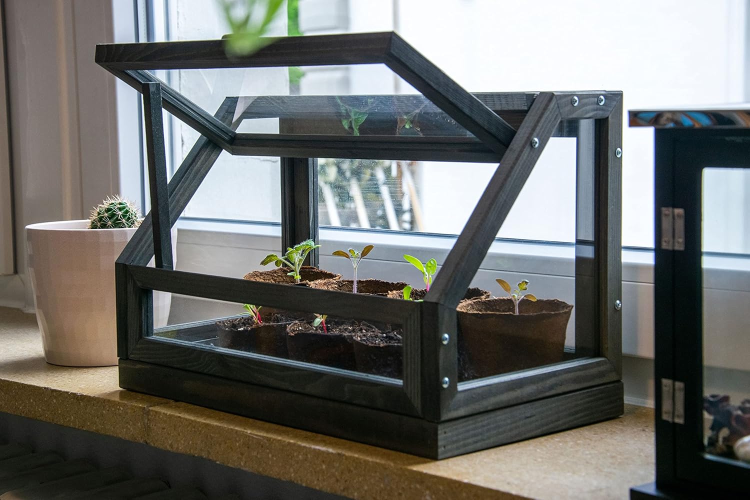 dobar® 29168FSCe Mini Design Greenhouse | Solid Wood Cold Frame Including 3 Pots | Small Greenhouse for Windows | Cold Frame for Young Plants and Herbs | 38 x 20 x 24.5 cm | Anthracite