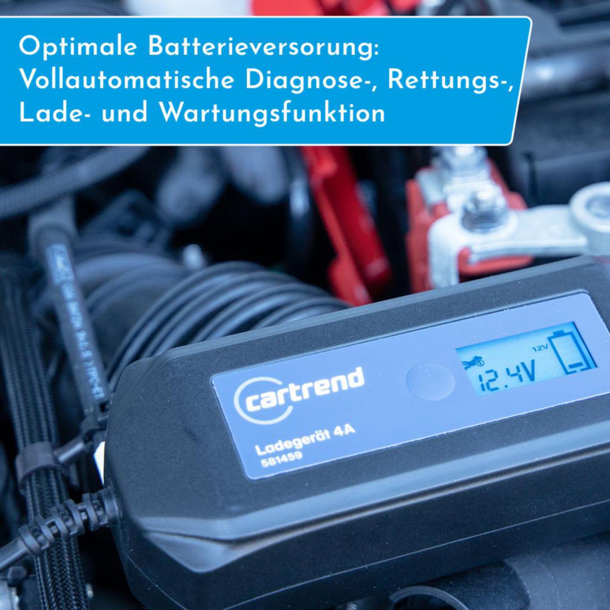 cartrend Mikroprozessor Batterieladegerät DP 4.1, 4A, automatische Diagnose- und Ladefunktion, Autostart nach Netzausfall, LCD-Anzeige, schutzisolierte Polklemmen, für Auto, Motorrad, Boote, Traktoren