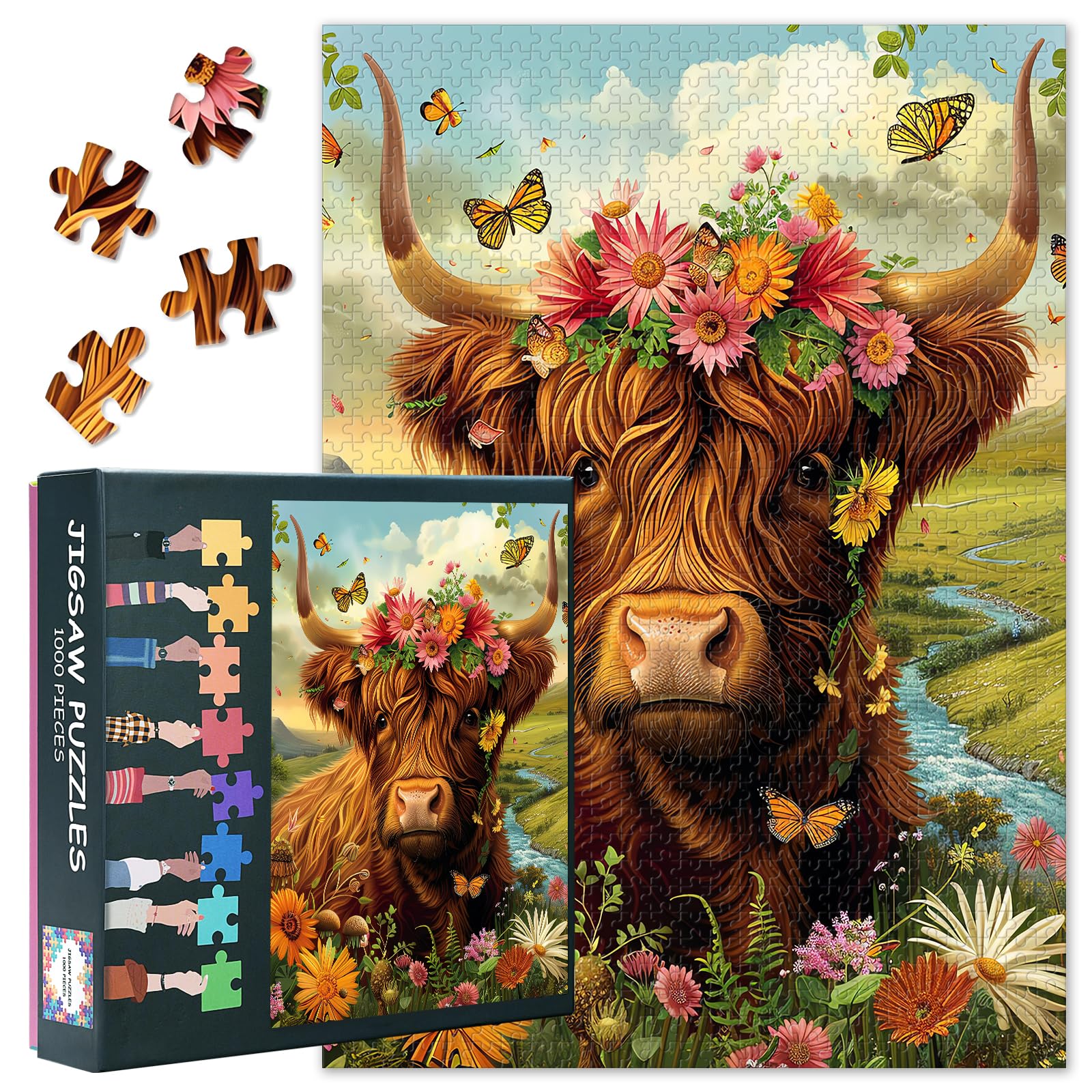 Jigsaw Puzzles for Adults 1000 Highland Cow, Hard Impossible Difficult Challenging Family Puzzle Grassland
