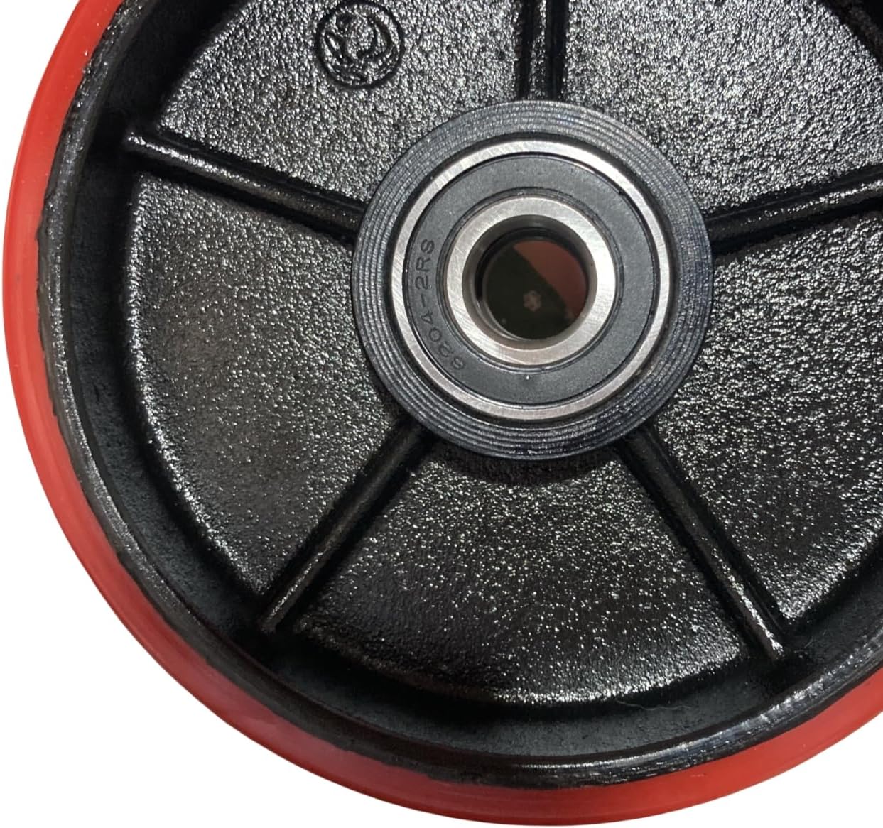 A Pair of Pallet Jack Steering Wheels Set 7 x 2" (180 x 50mm) Poly Tread Red color,with Bearings pre-installed, includes Axle, Fasteners by JackCraft