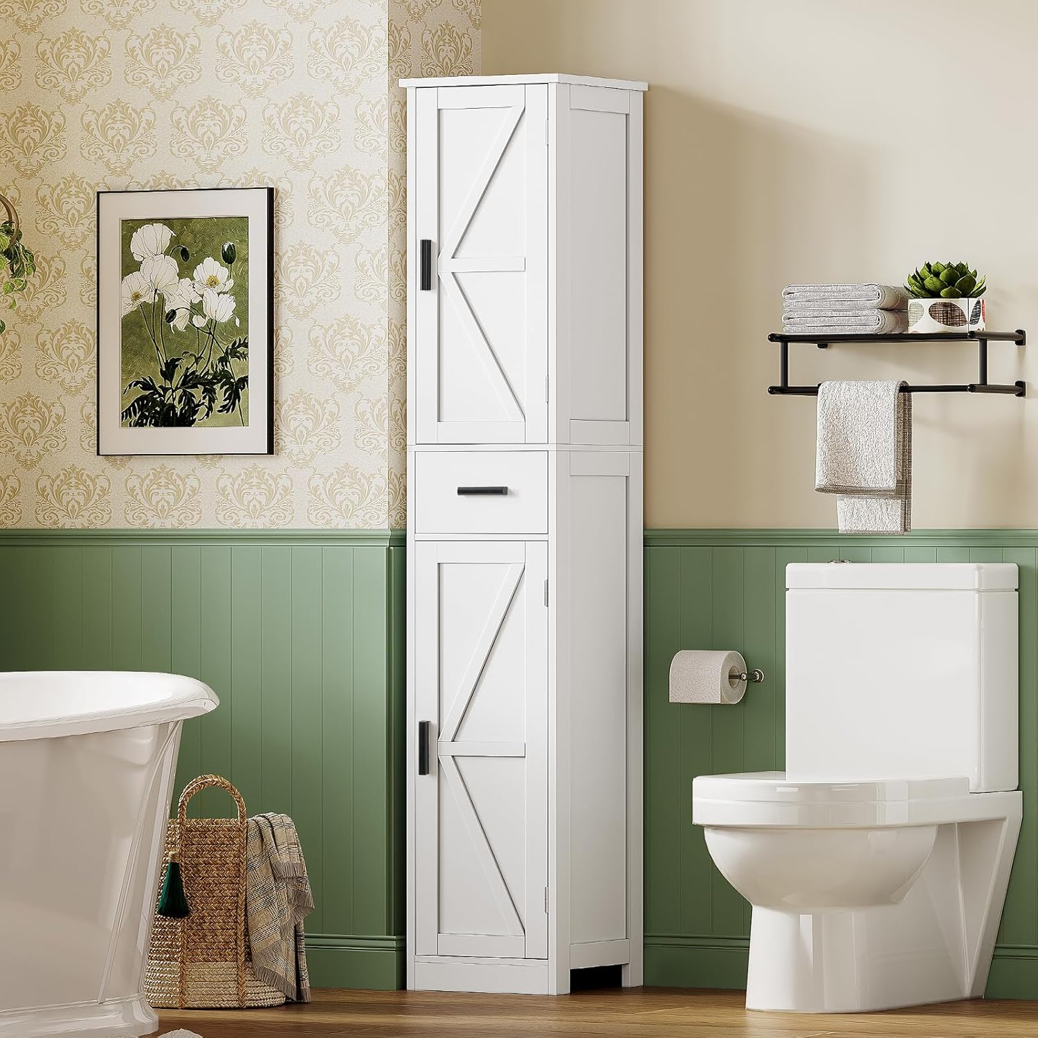 WEENFON 67 Tall Bathroom Cabinet with 6 Shelves & 1 Drawer, Narrow Storage Cabinet with Adjustable Shelves, Silm Cabinet for Living Room, Kitchen, White White With Drawers