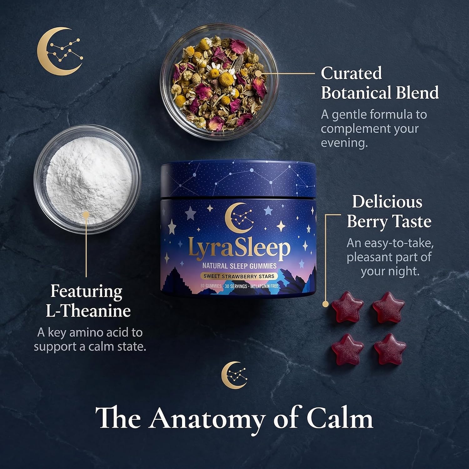 LyraSleep Gummies - Nighttime Relaxation & Sleep Support Supplement with L-Theanine & Botanical Blend, Calm & Restful Sleep Formula, Berry Flavor - 60 Gummies