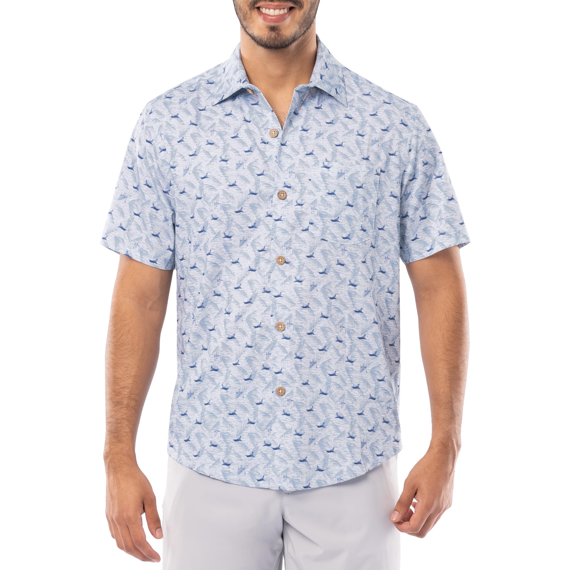 Guy Harvey Men’s Short Sleeve Button Down Resort Shirt, Bright White/Big Palms, XL