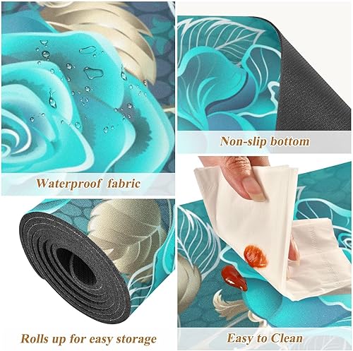 Miniatura 3 de Camino de mesa salvamanteles para el día de San Valentín, 40 pulgadas de largo, color turquesa, rosas, hojas, contorno de oro blanco, resistente al