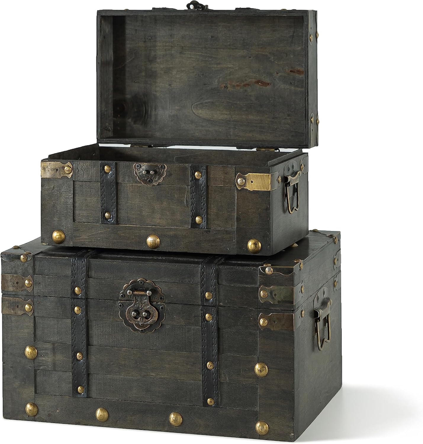 SLPR Alexander Wooden Boxes with Hinged Lids - Set of 2, Decorative Trunks for Storage and Home Decor, Antique Wood Treasure Chests for Keepsakes