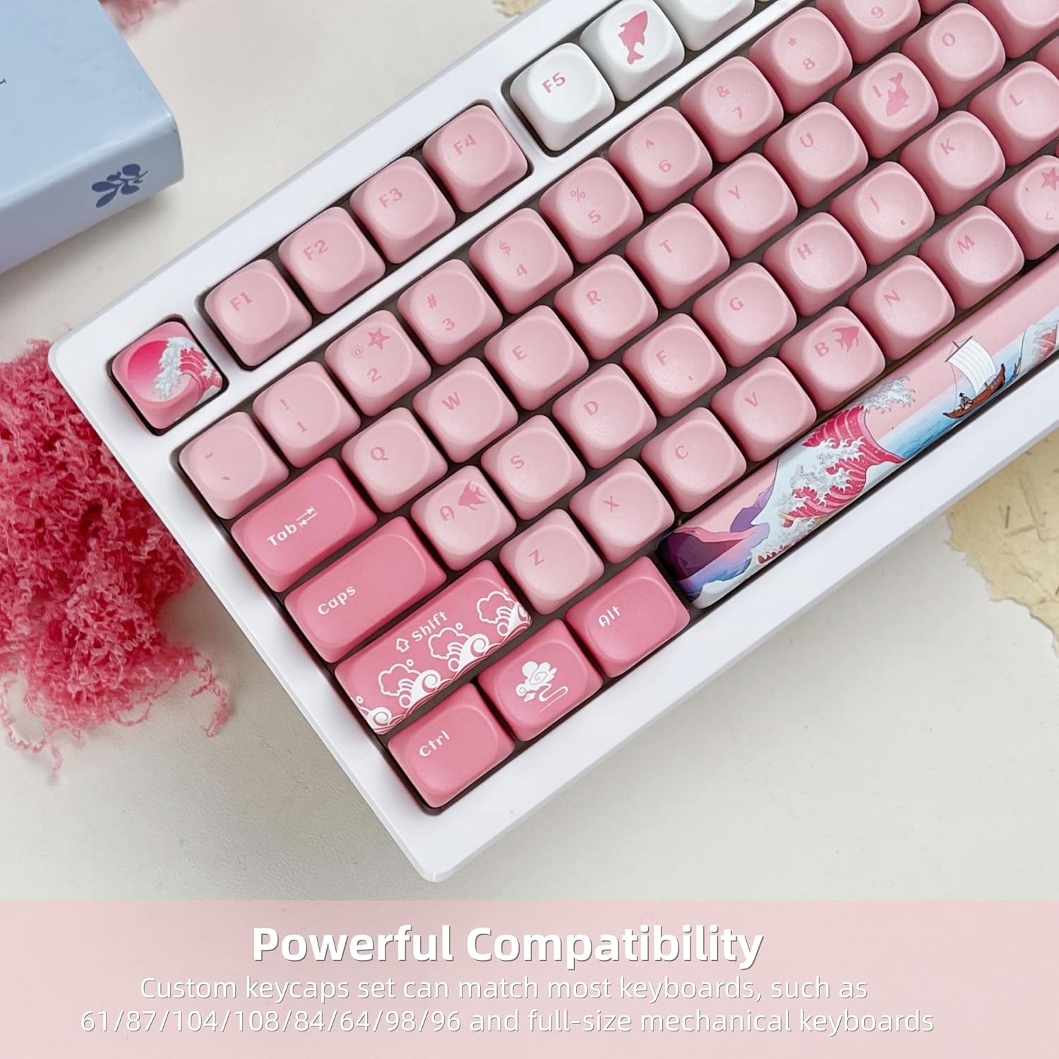 Womier Pink Cute Keycaps Kanagawa, PBT Keycaps for Mechanical Keyboard Dye-Sublimated Sakura Anime Theme, MOA Profile 126-Key Set for 60 65 75 100 Percent Keyboards