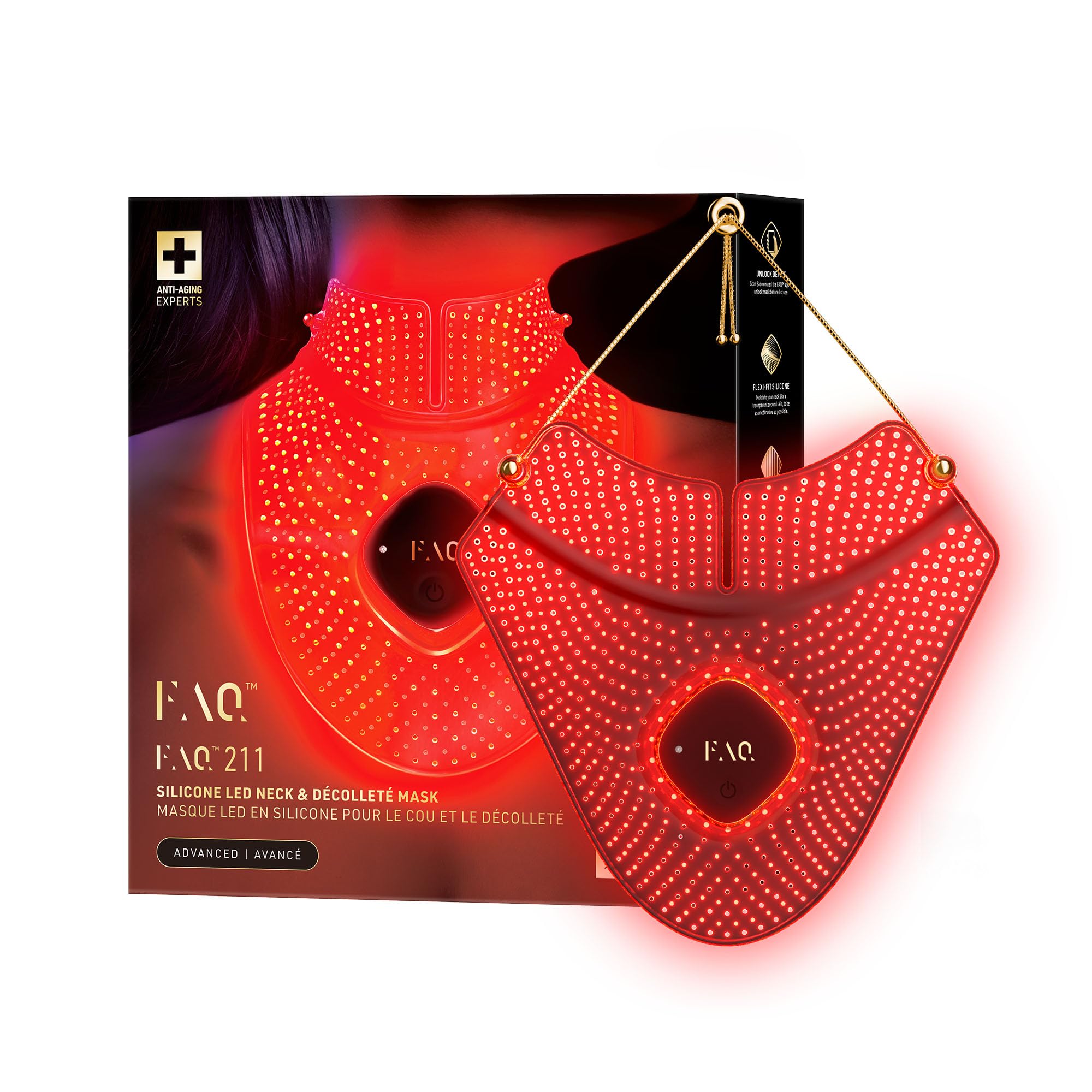 FAQ 211 Maschera anti-​age collo e décolleté con NIR + 7 LED - Skincare di lusso per rughe e segni del tempo - Leggera, indossabile e senza fili - Silicone flessibile per un'azione uniforme